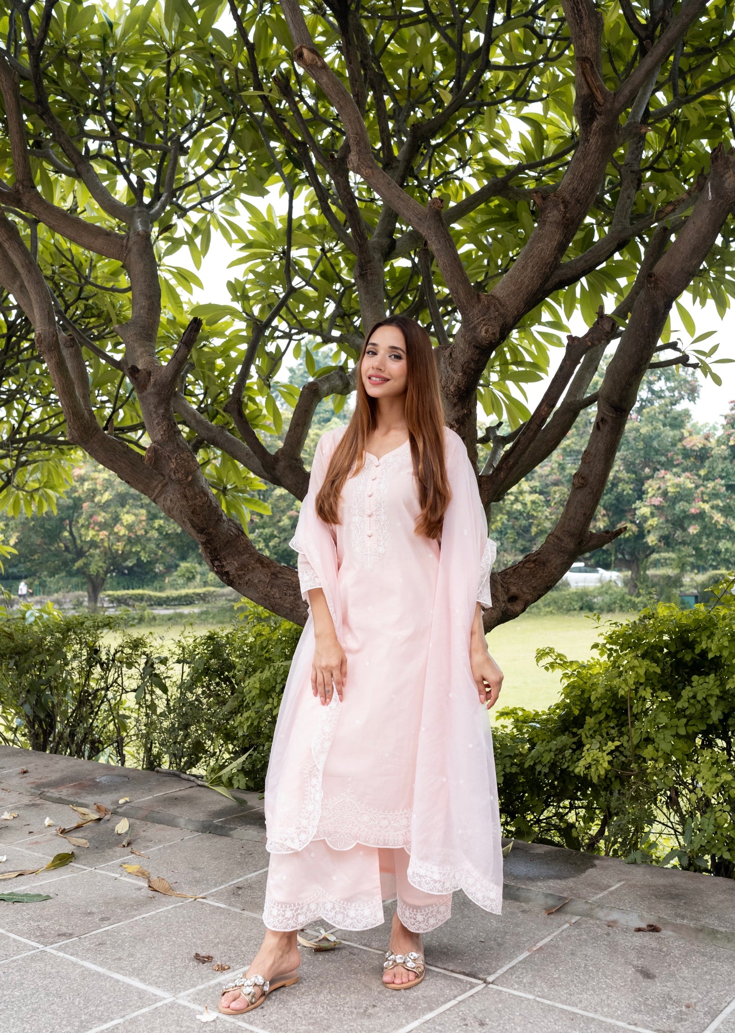 Ria Malhotra in Kamal - Peach Chanderi Embroidered Suit Set.