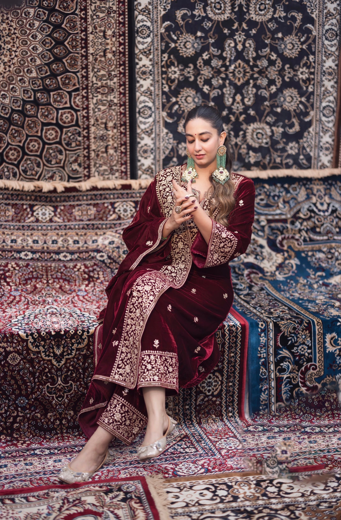 Shiana Kothari in SAAZ - Velvet Maroon Straight Suit Set.