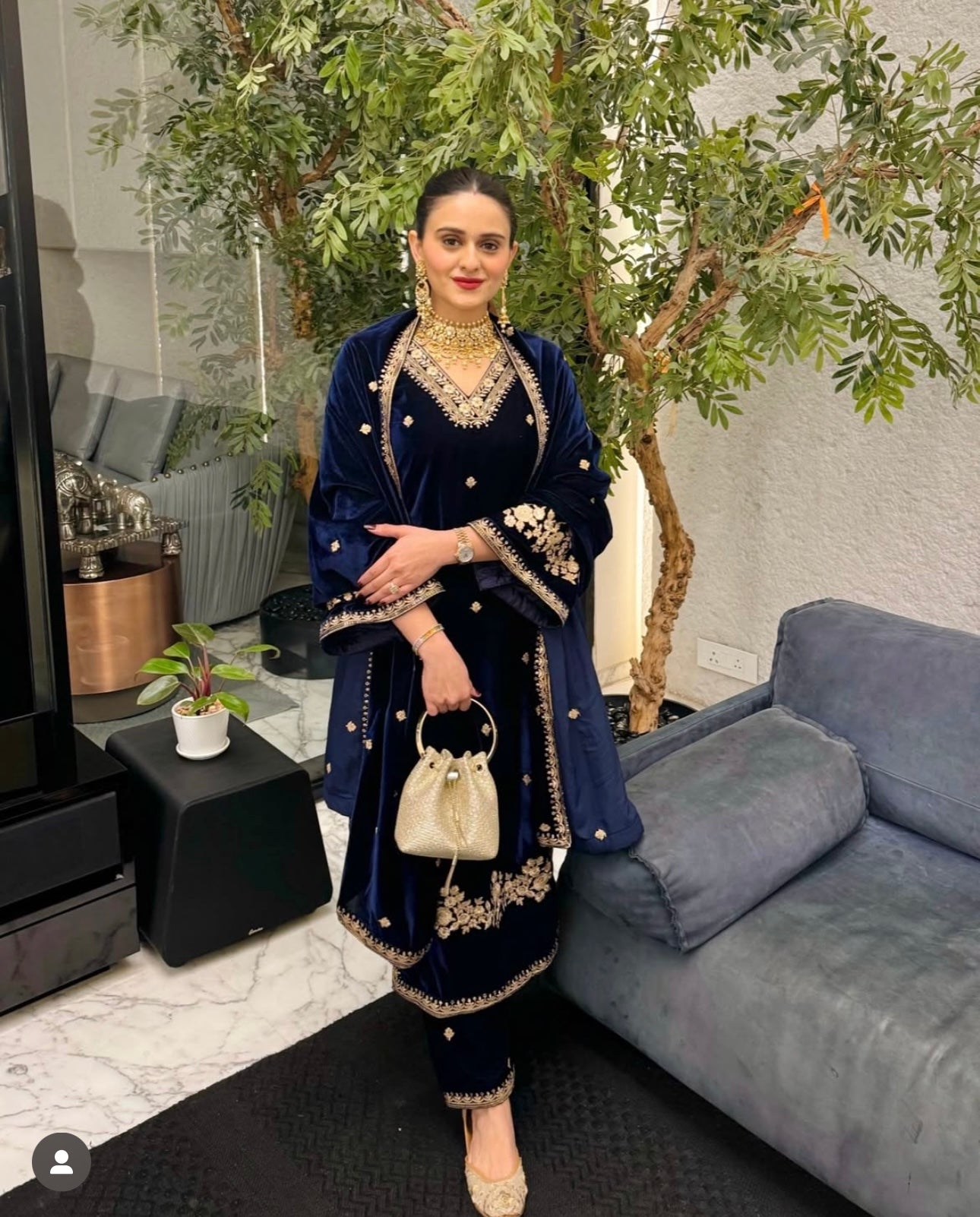 Aashi Jain in ROOHI - Velvet Blue Straight Suit Set
