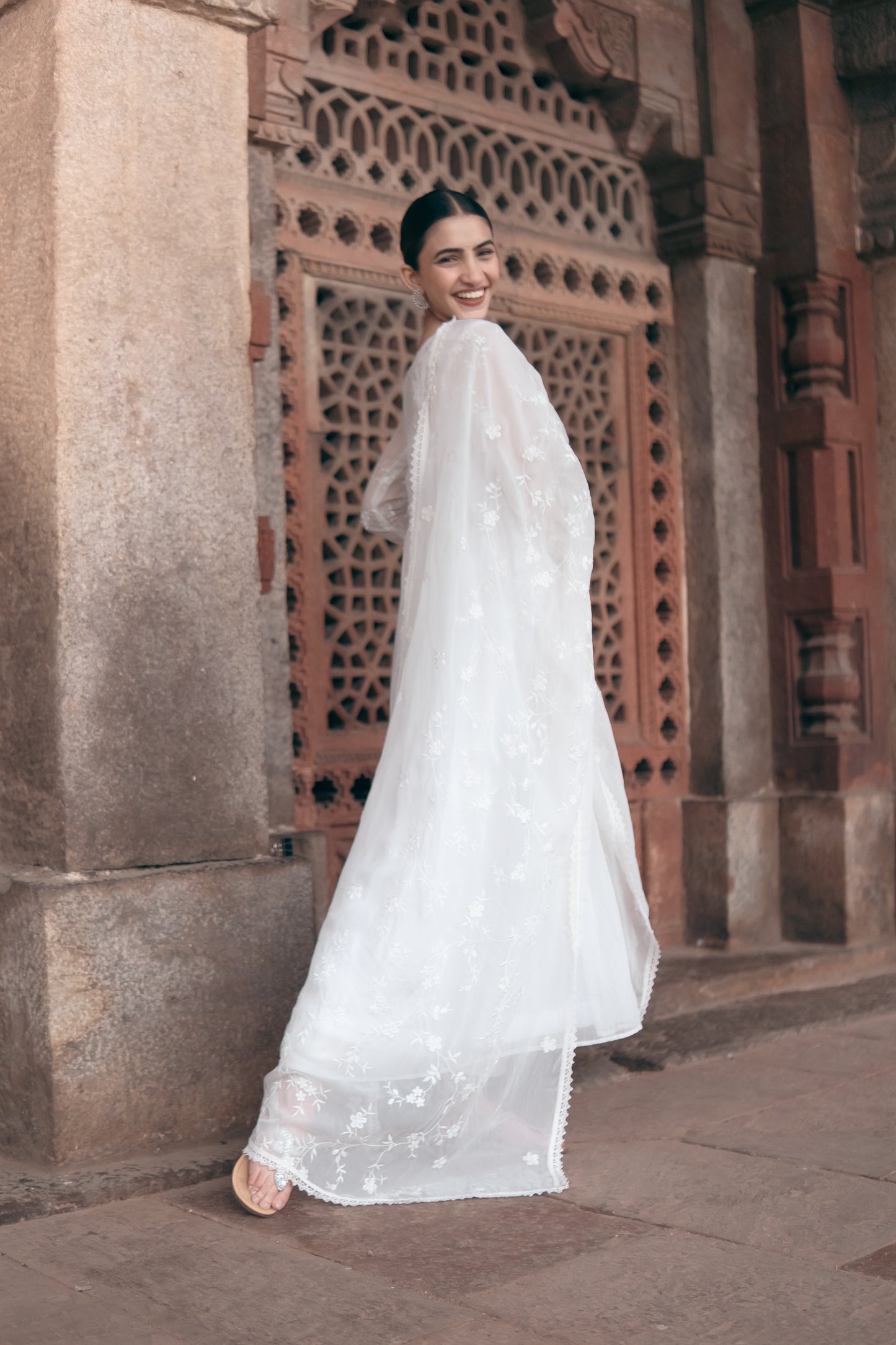 Shreya Lakhani in Aseem Ivory White Embroidered Anarkali Gown Set