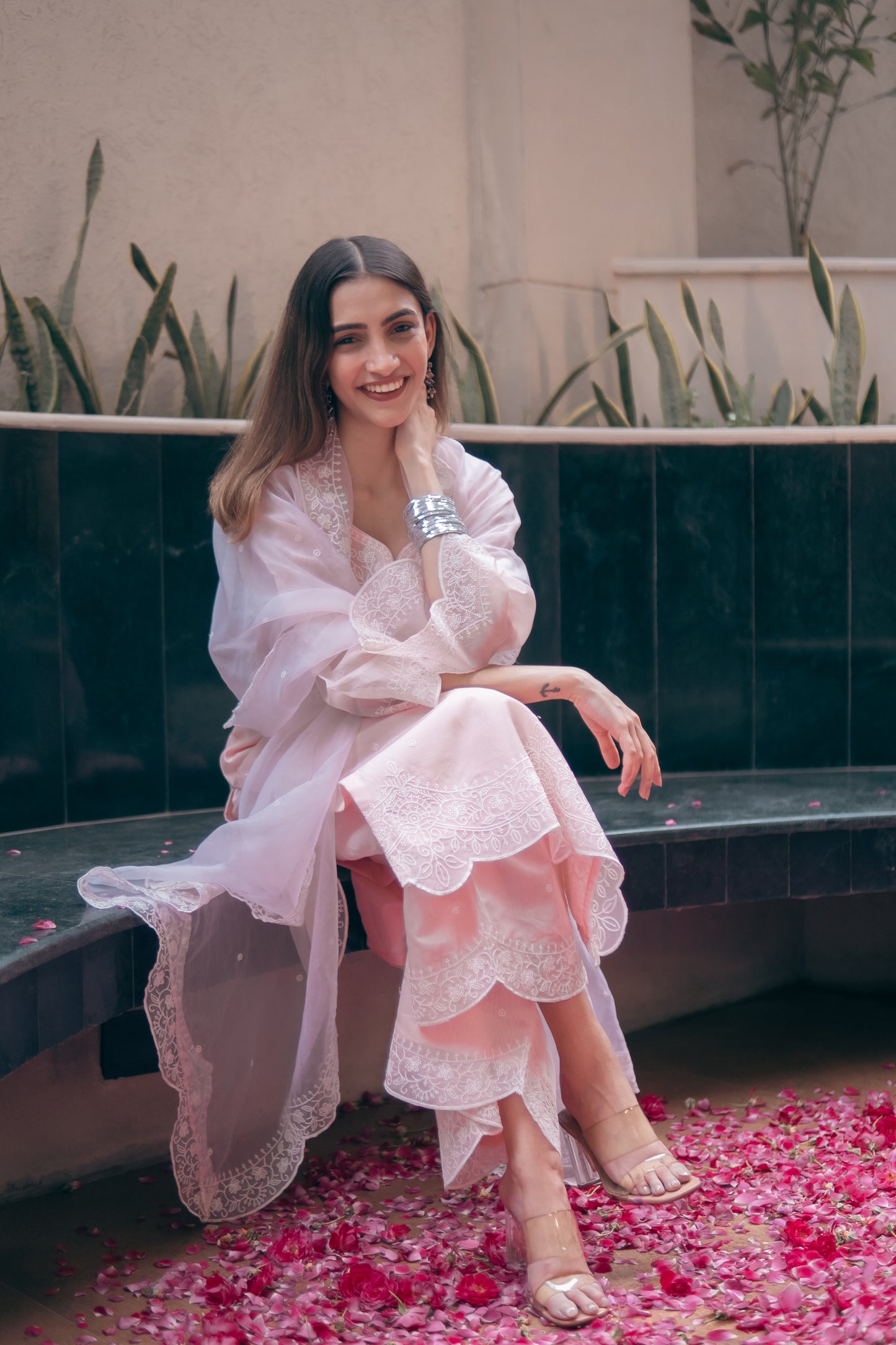 Shreya Lakhani in Kamal - Peach Chanderi Embroidered Suit Set.