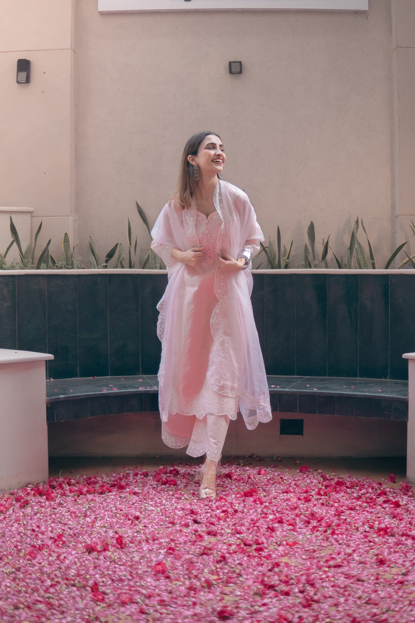 Shreya Lakhani in Kamal - Peach Chanderi Embroidered Suit Set.