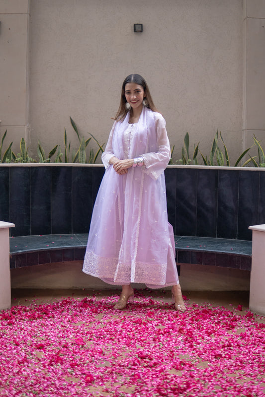 Shreya Lakhani in Aparajita - Lavender Chanderi Embroidered Suit Set.