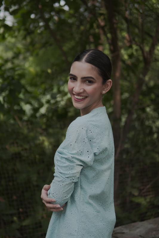 Shreya Lakhani in Blue Chikankari Summer Co-ord Set.