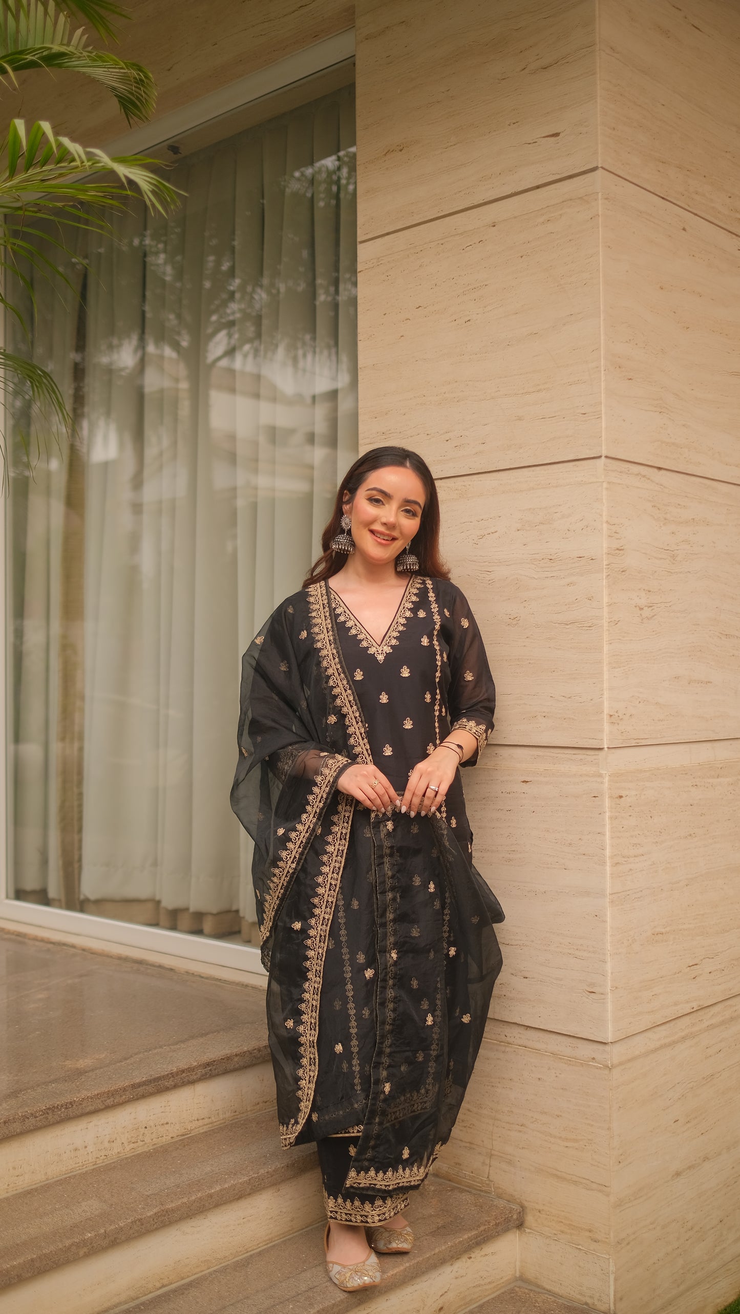 Simran Sethi in Fannah - Black Chanderi Embroidered Suit Set