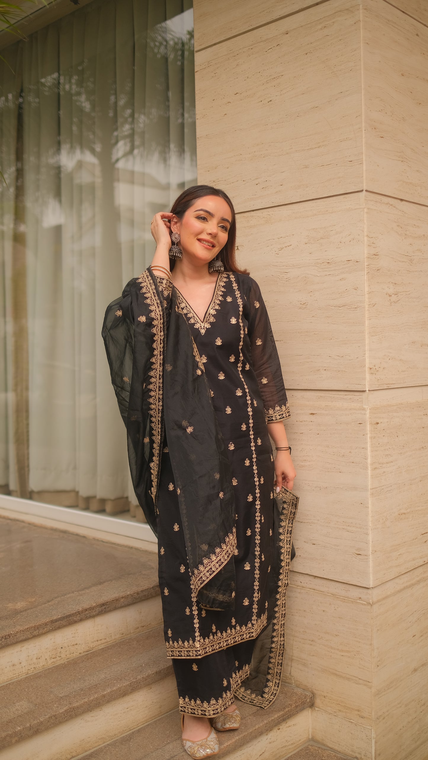 Simran Sethi in Fannah - Black Chanderi Embroidered Suit Set