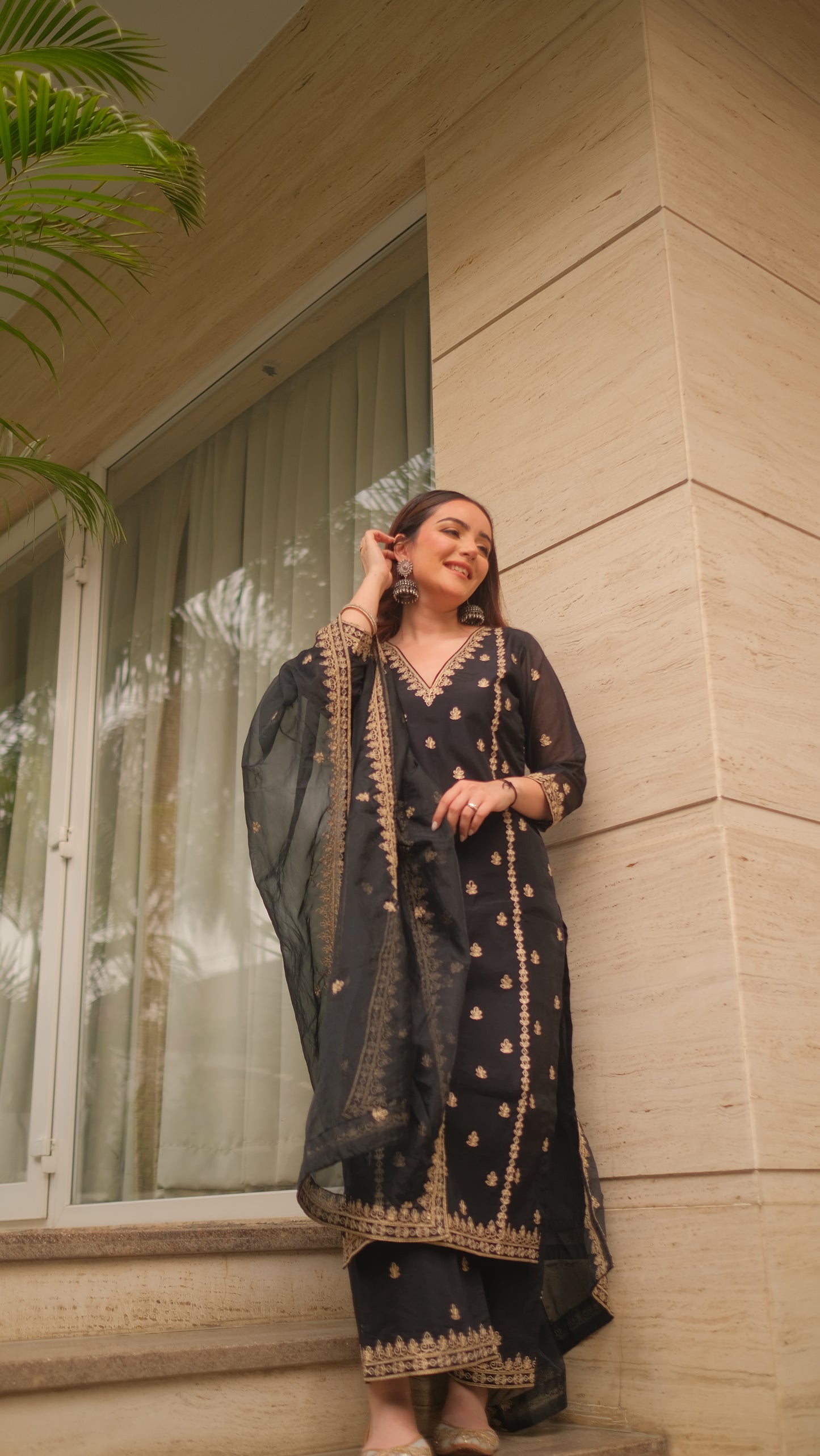 Simran Sethi in Fannah - Black Chanderi Embroidered Suit Set