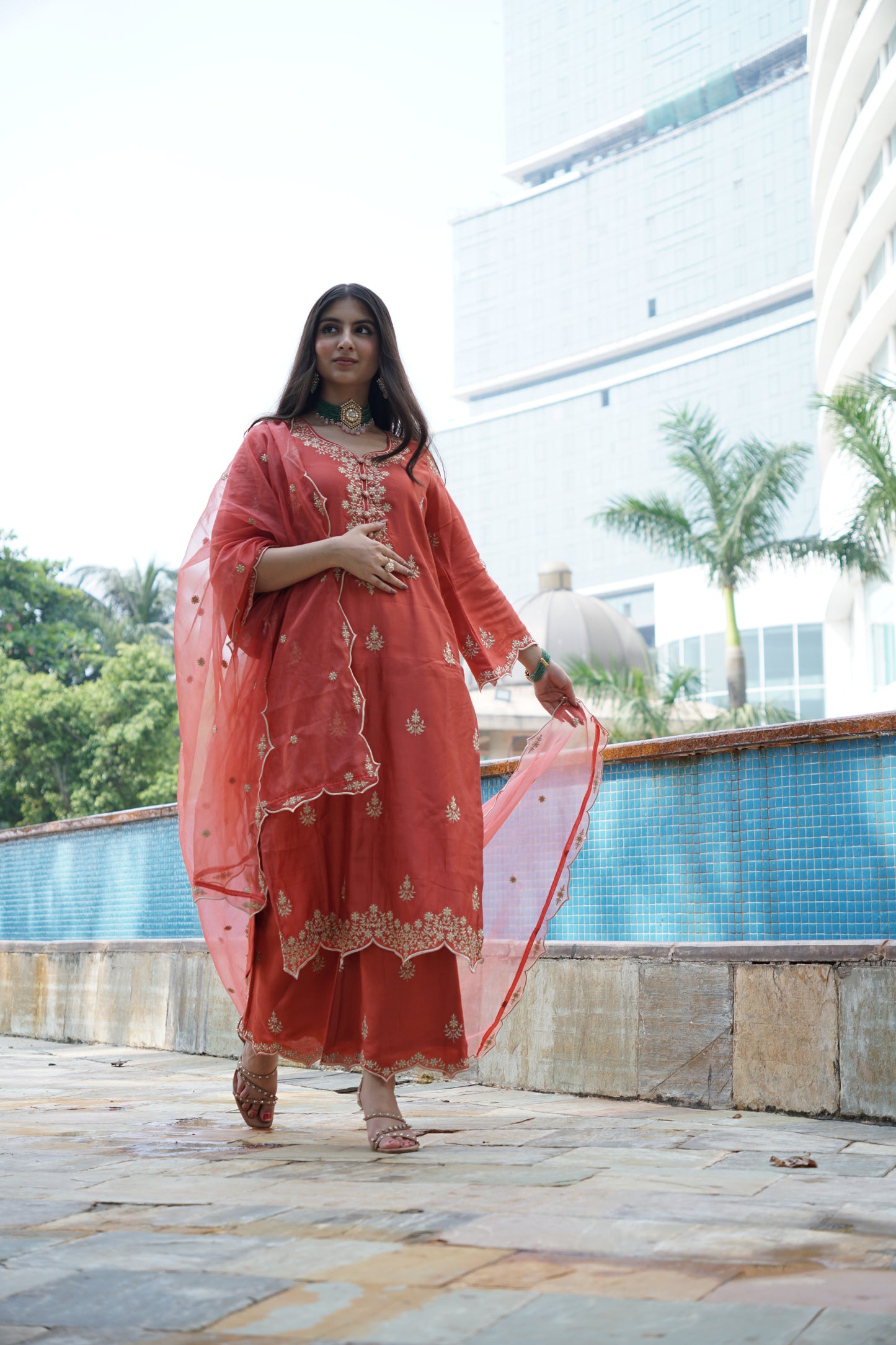 Kreesha in Rust Chanderi Suit Set