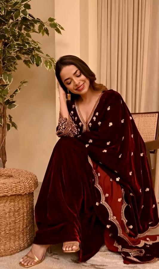 Aswathi Balakrishnan in ANTARA - Velvet Maroon Anarkali Set