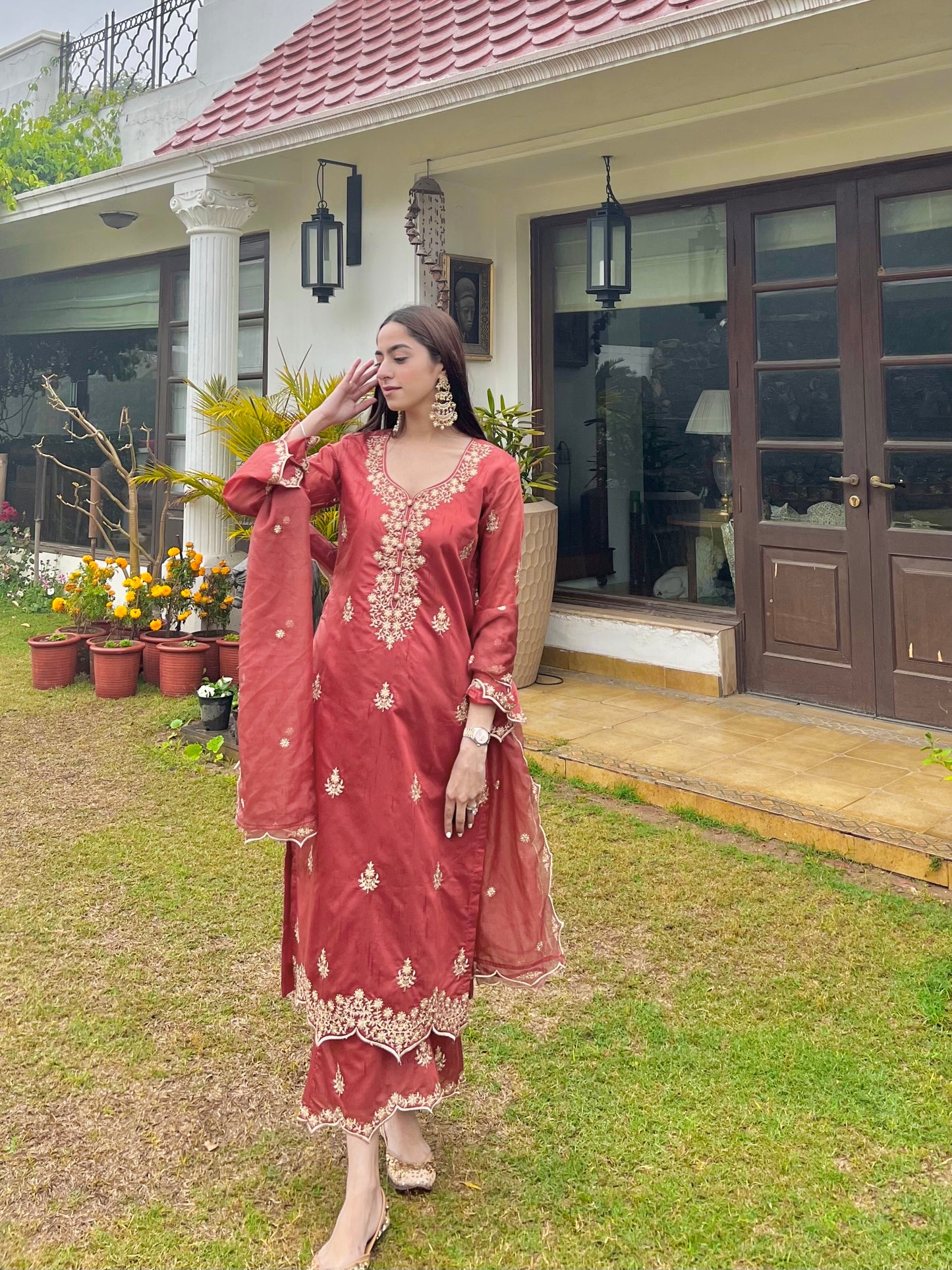 Jasnoor Anand in Rust Chanderi Silk Suit Set