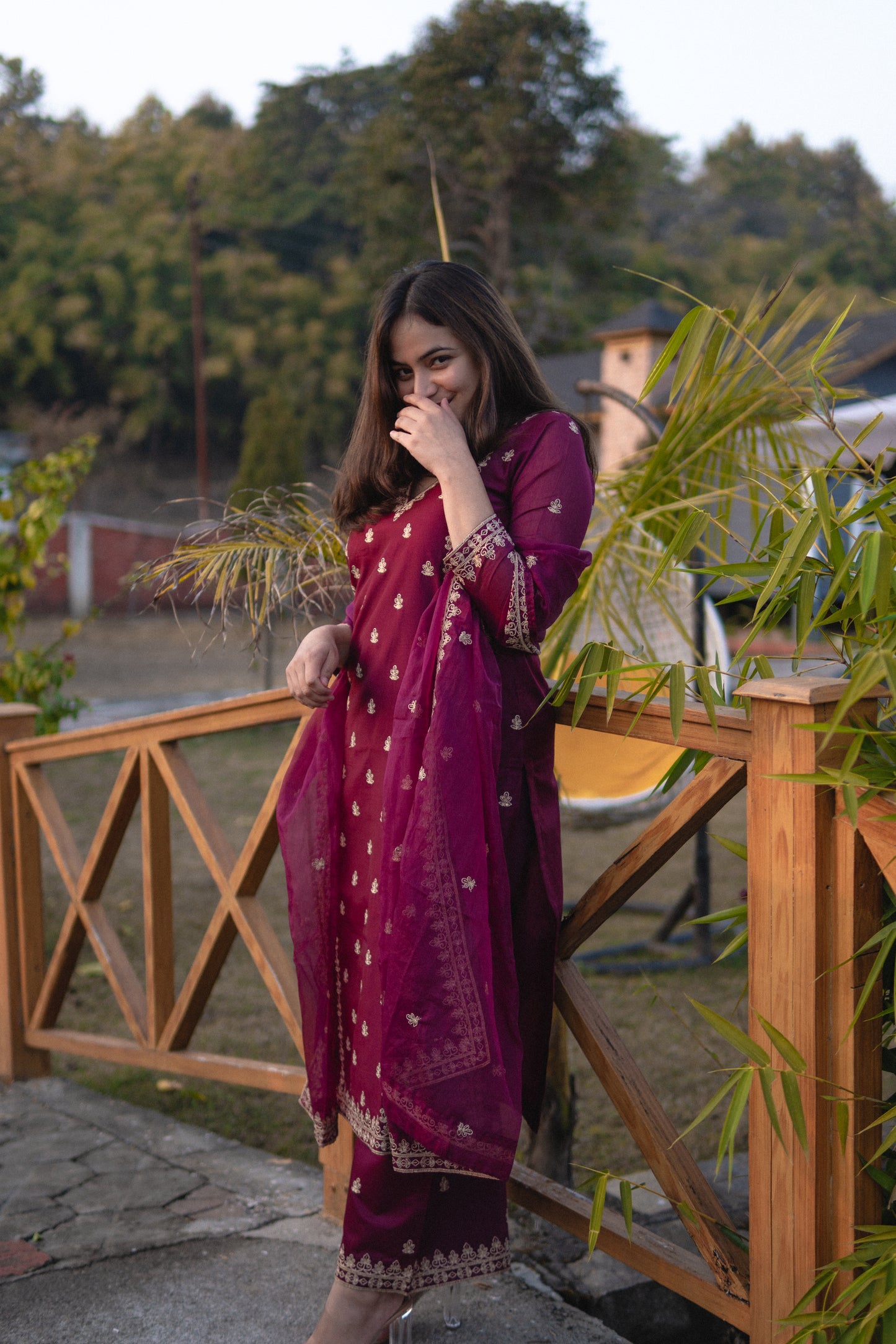 Shreyashi Verma in Khushnir - Wine Chanderi Embroidered Suit Set