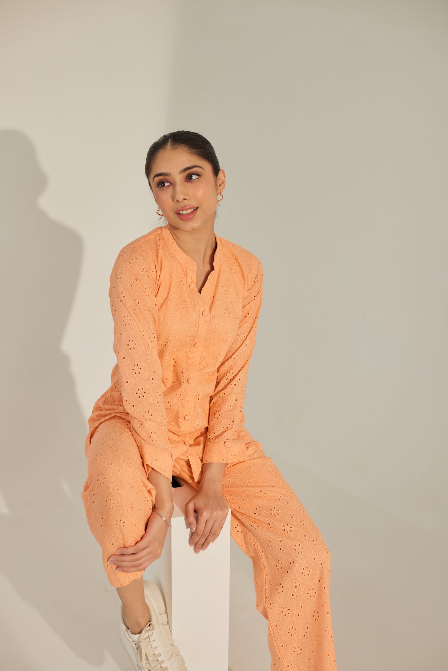 Peach Chikankari Summer Co-ord Set.