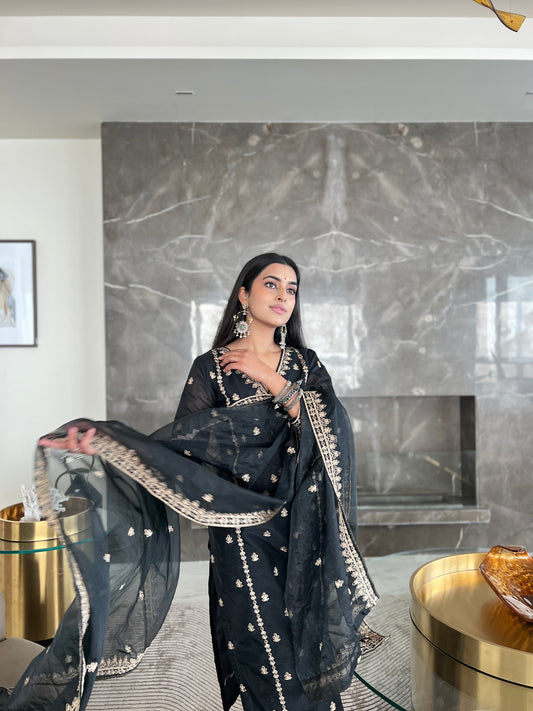 Bhavdeep Kaur in Fannah - Black Chanderi Embroidered Suit Set