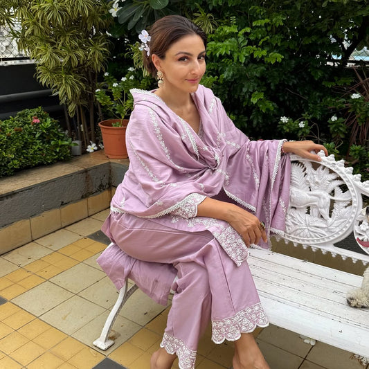 Soha Ali Khan in MEGHA - Lavender Cotton Suit Set