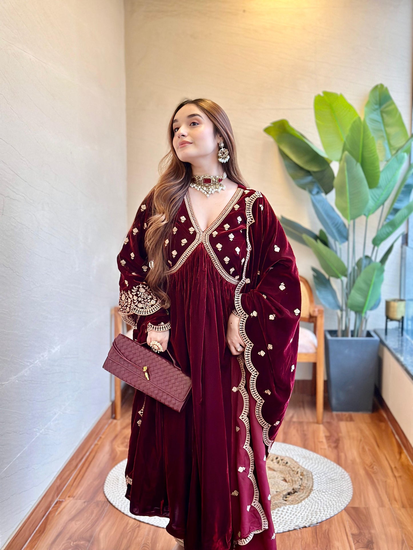 Tanya Sharma (@whattanyawore) in ANTARA - Velvet Maroon Anarkali Set