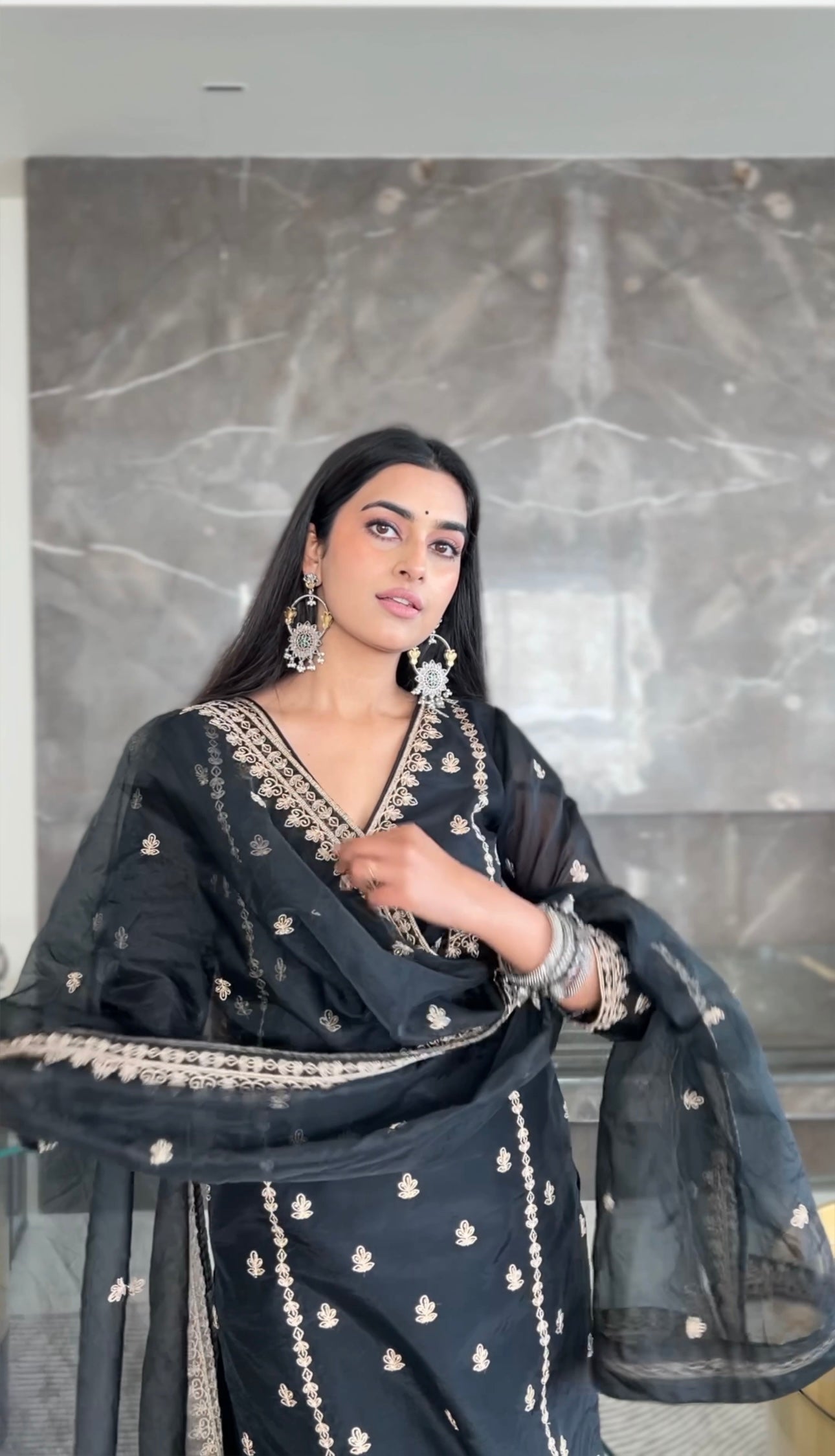 Bhavdeep Kaur in Fannah - Black Chanderi Embroidered Suit Set