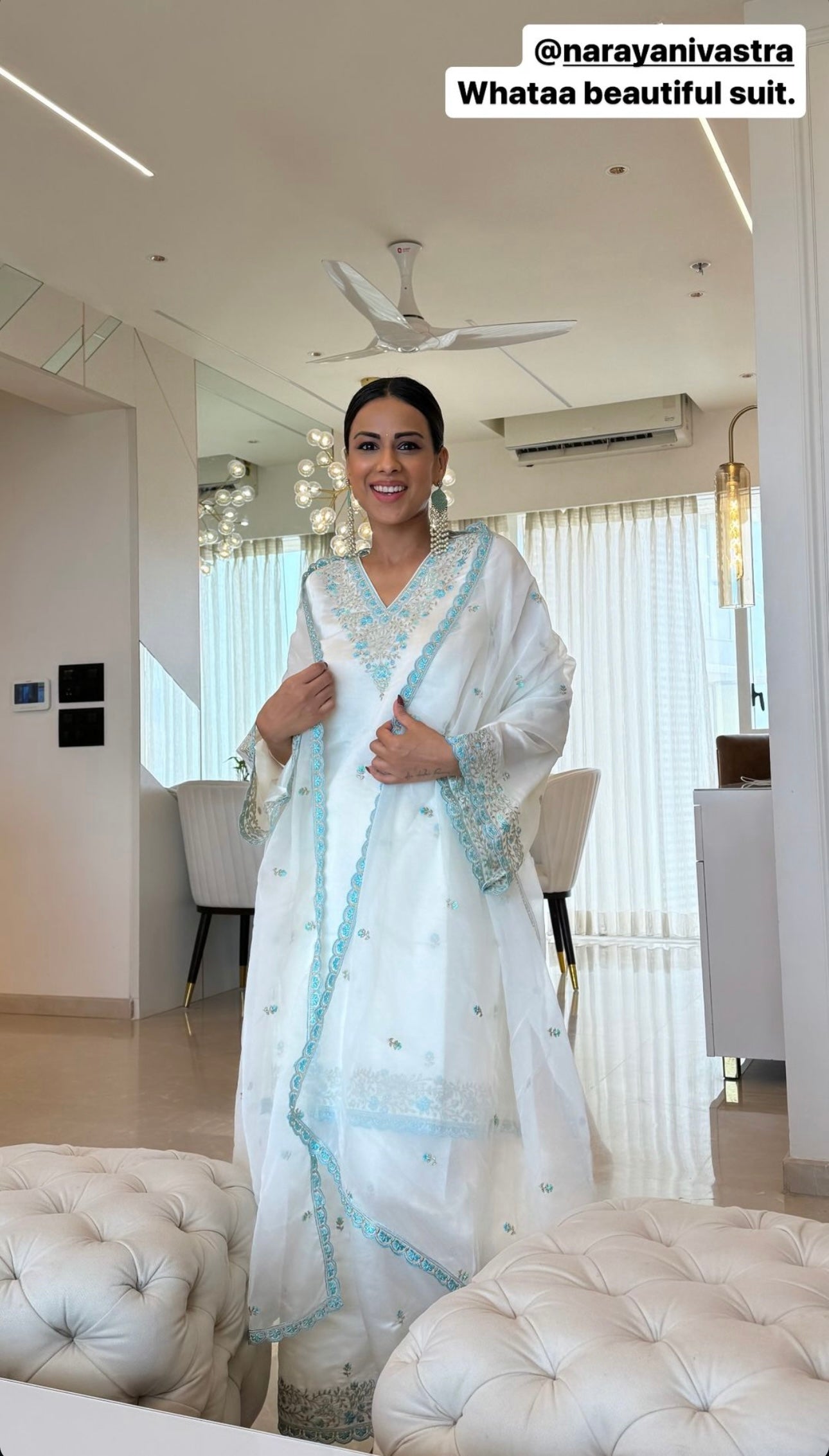 Nia Sharma in Banafsha - Ivory White Chanderi Embroidered Suit Set