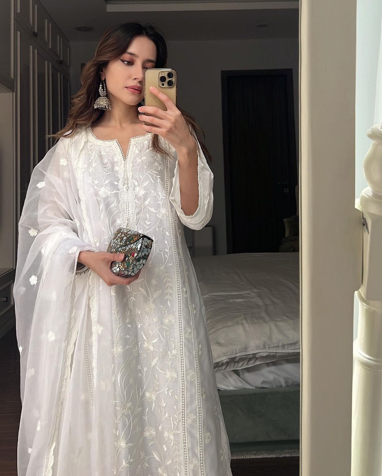 Komal Kapoor in Motiya - Egg White Chanderi Embroidered Suit Set.