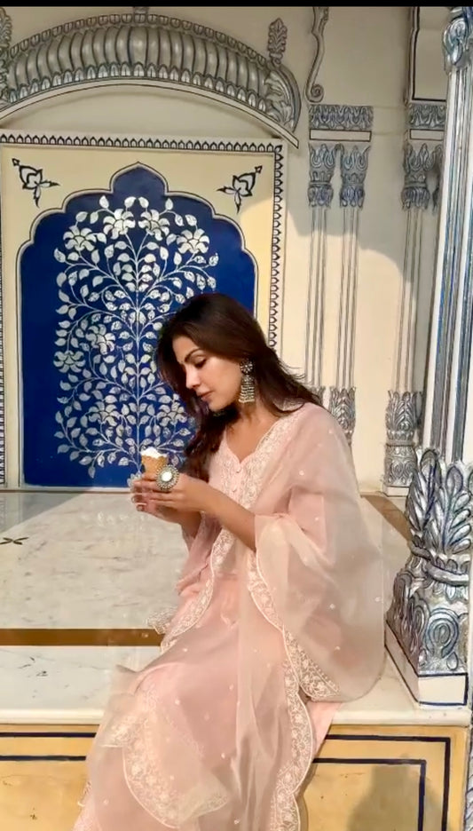 Rhea Chakraborty in Kamal - Peach Chanderi Embroidered Suit Set.