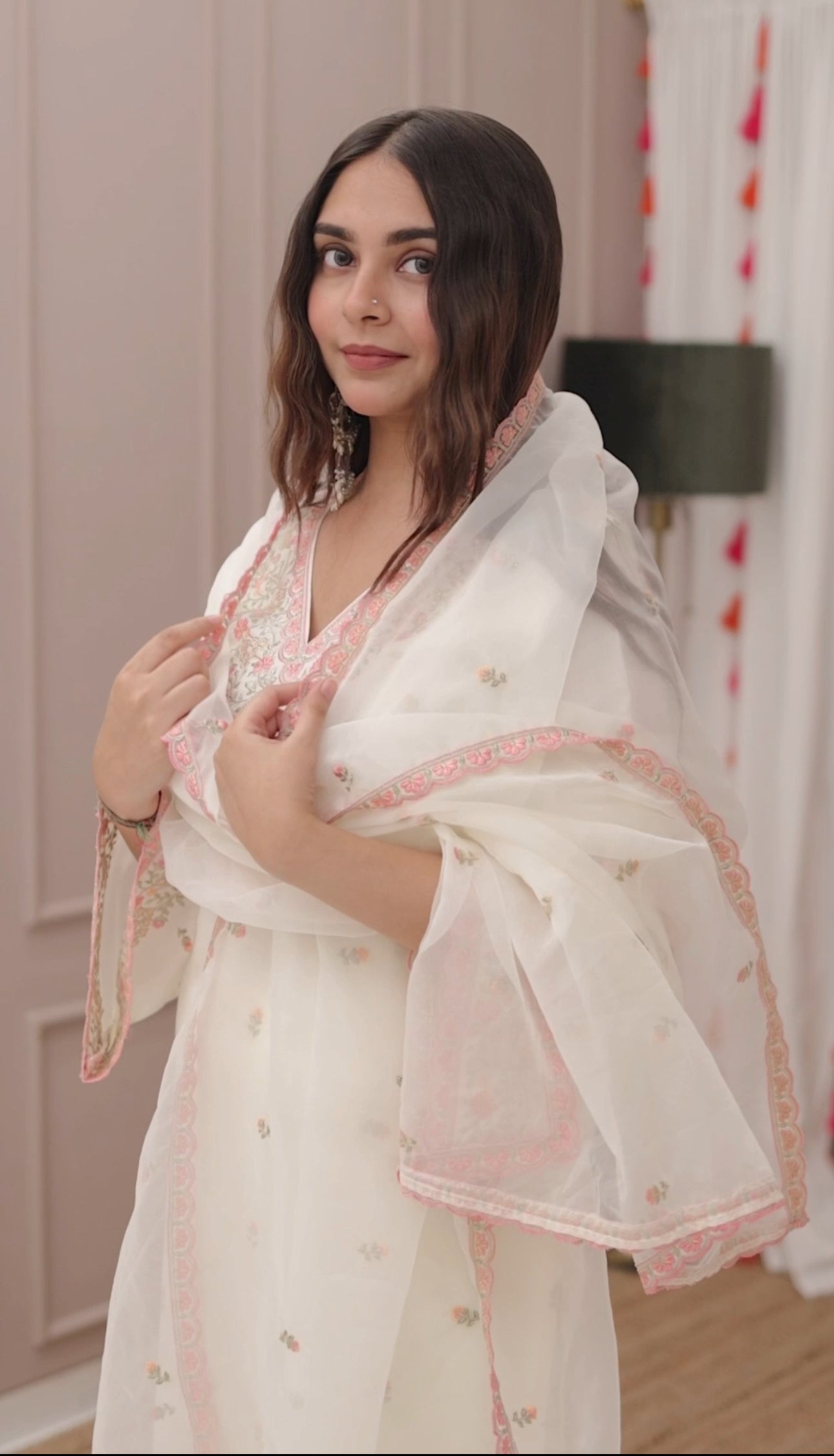 Sharmin Panjwani in Moghra - Ivory White Chanderi Embroidered Suit Set.