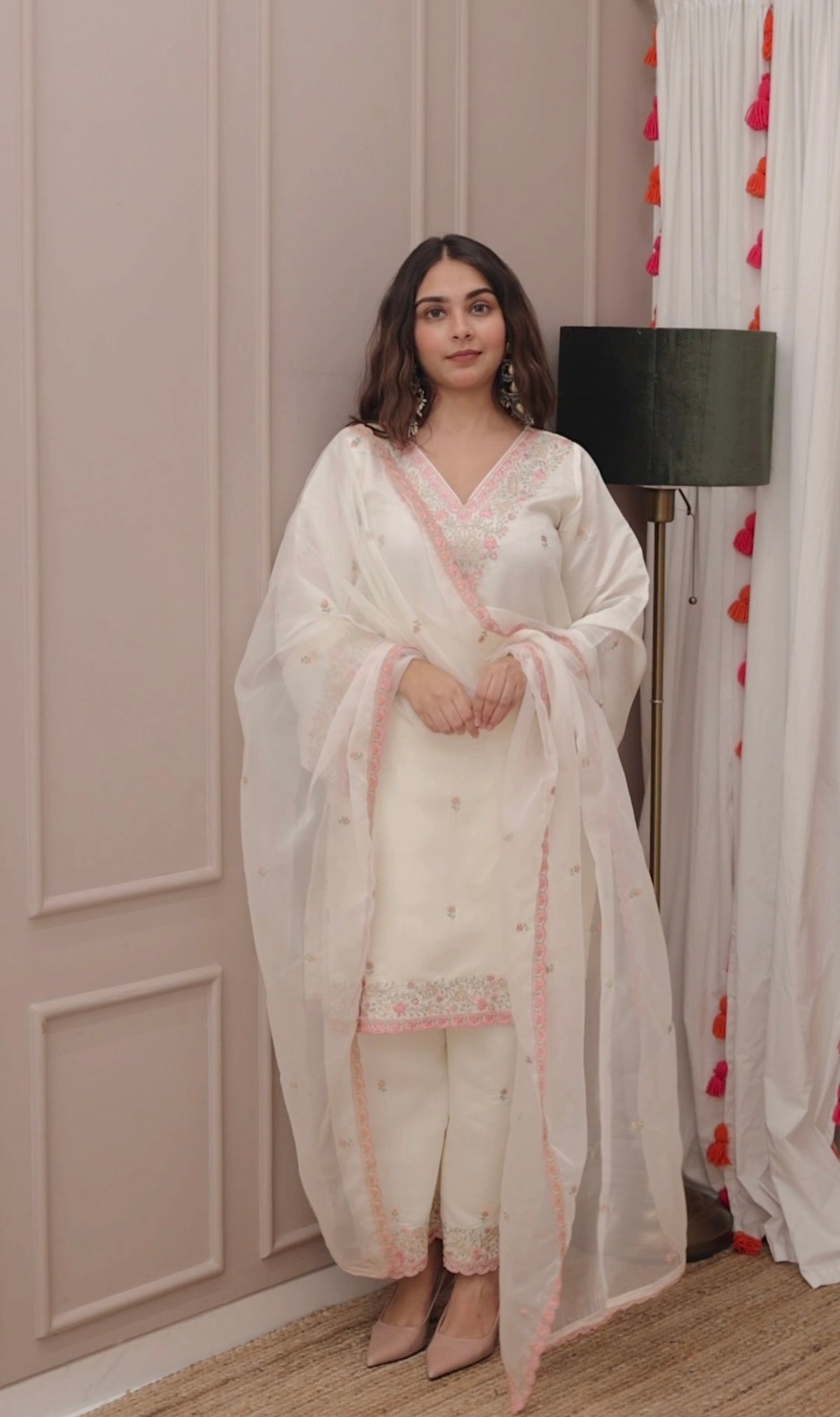 Sharmin Panjwani in Moghra - Ivory White Chanderi Embroidered Suit Set.
