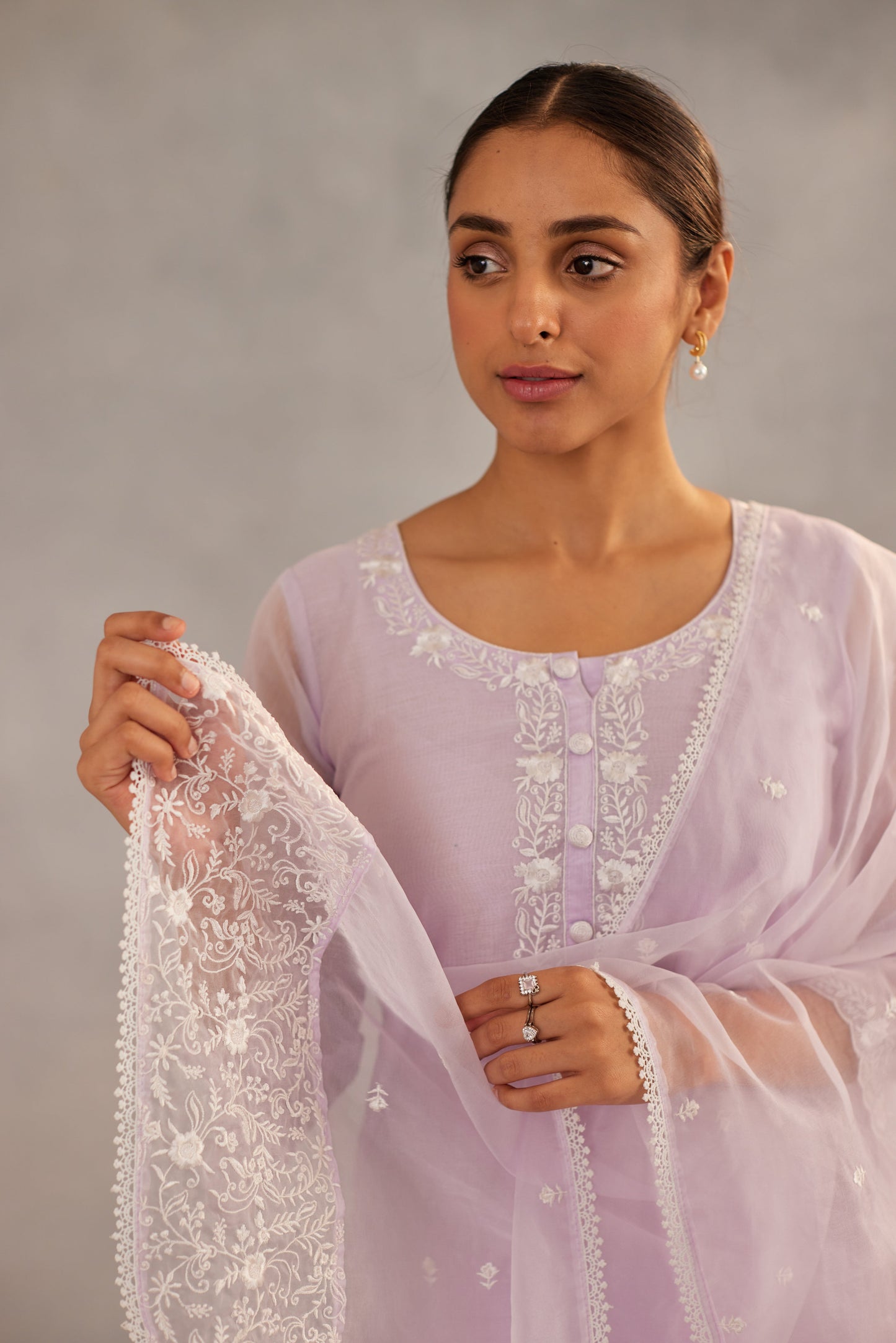 Shreya Lakhani in Aparajita - Lavender Chanderi Embroidered Suit Set.
