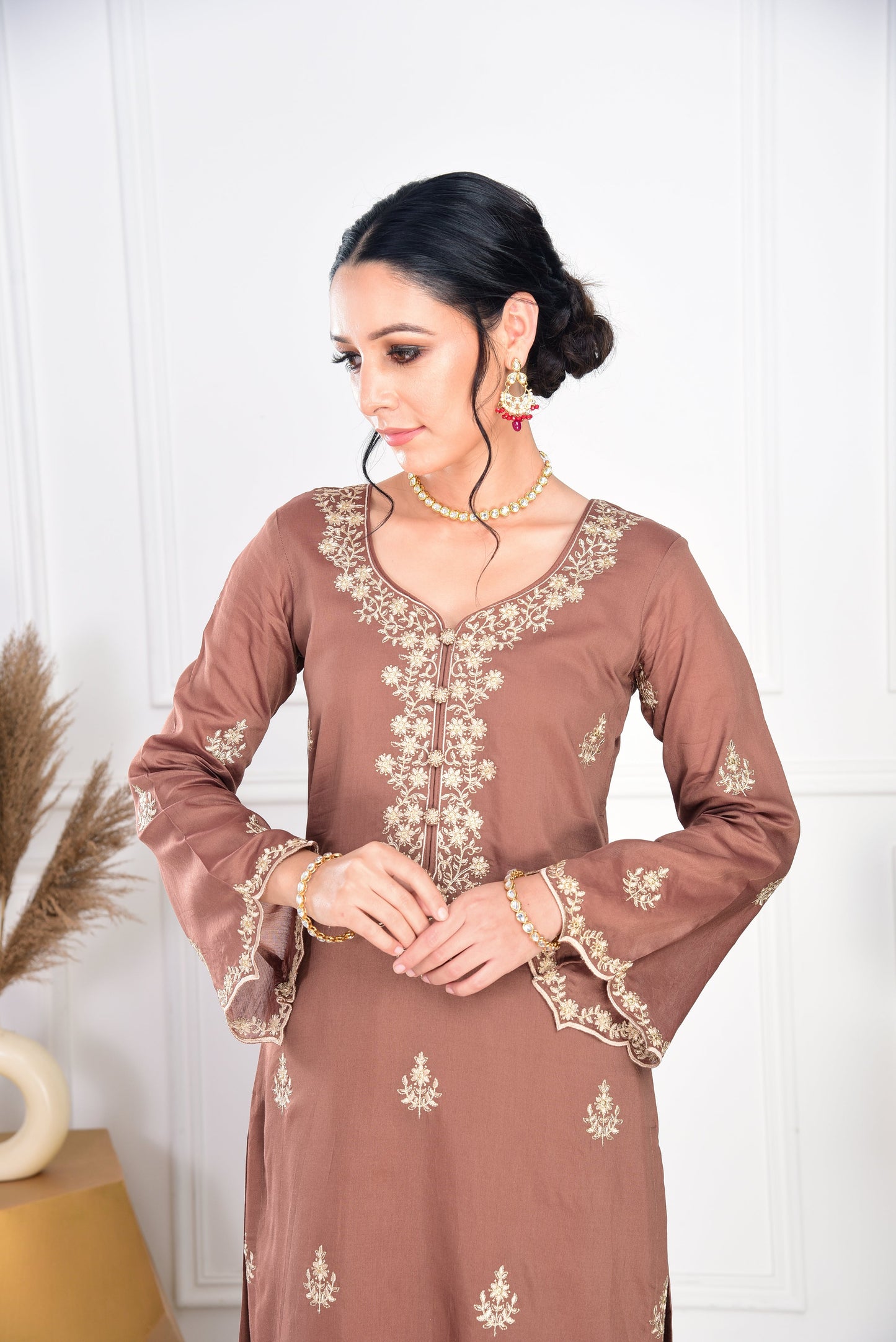 Simran Sethi in Walnut Brown Chanderi Silk Suit Set