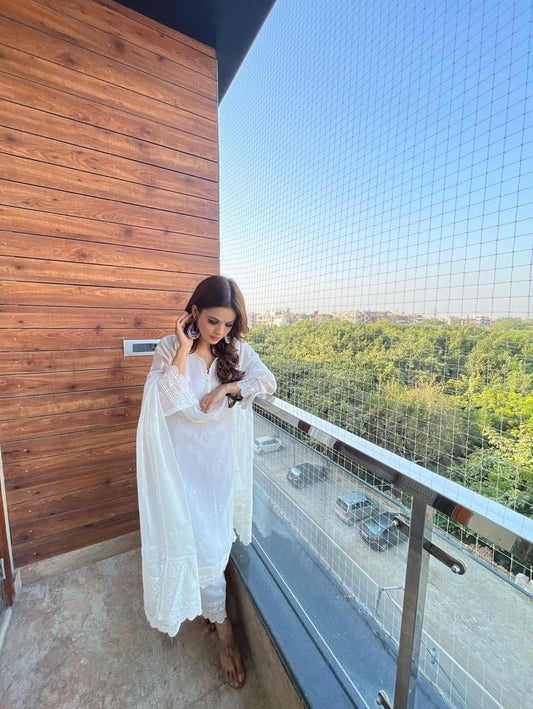 Vanshika Gaba in Aseem Ivory White Embroidered Straight Suit Set