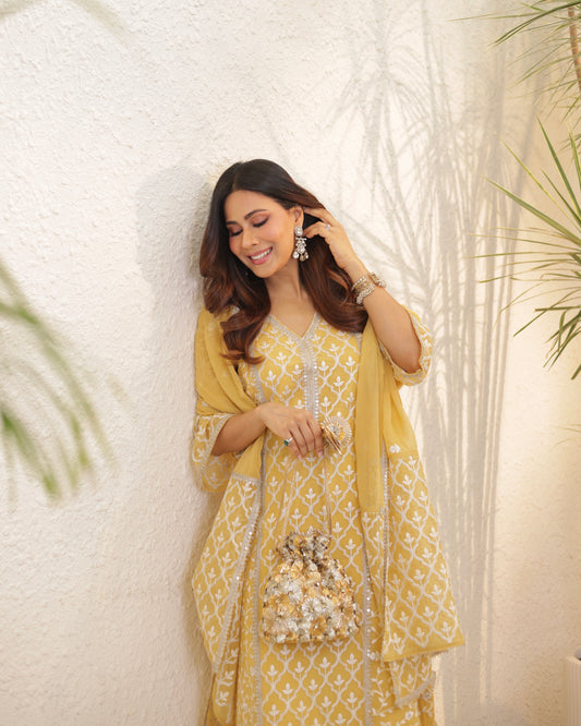 Swati Vatssa in Sajni - Yellow A-line Straight Suit Set.