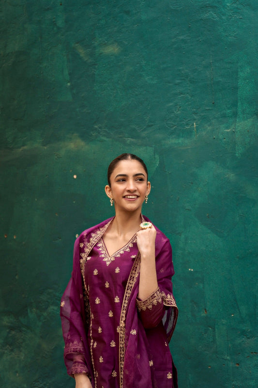 Shreya Lakhani in Khushnir - Wine Chanderi Embroidered Suit Set