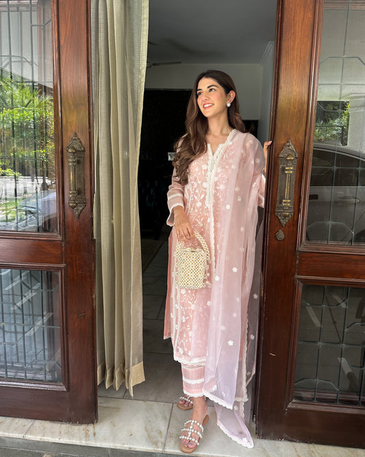 Meher Taluja in Gulbagh - Peach Embroidered Suit Set.