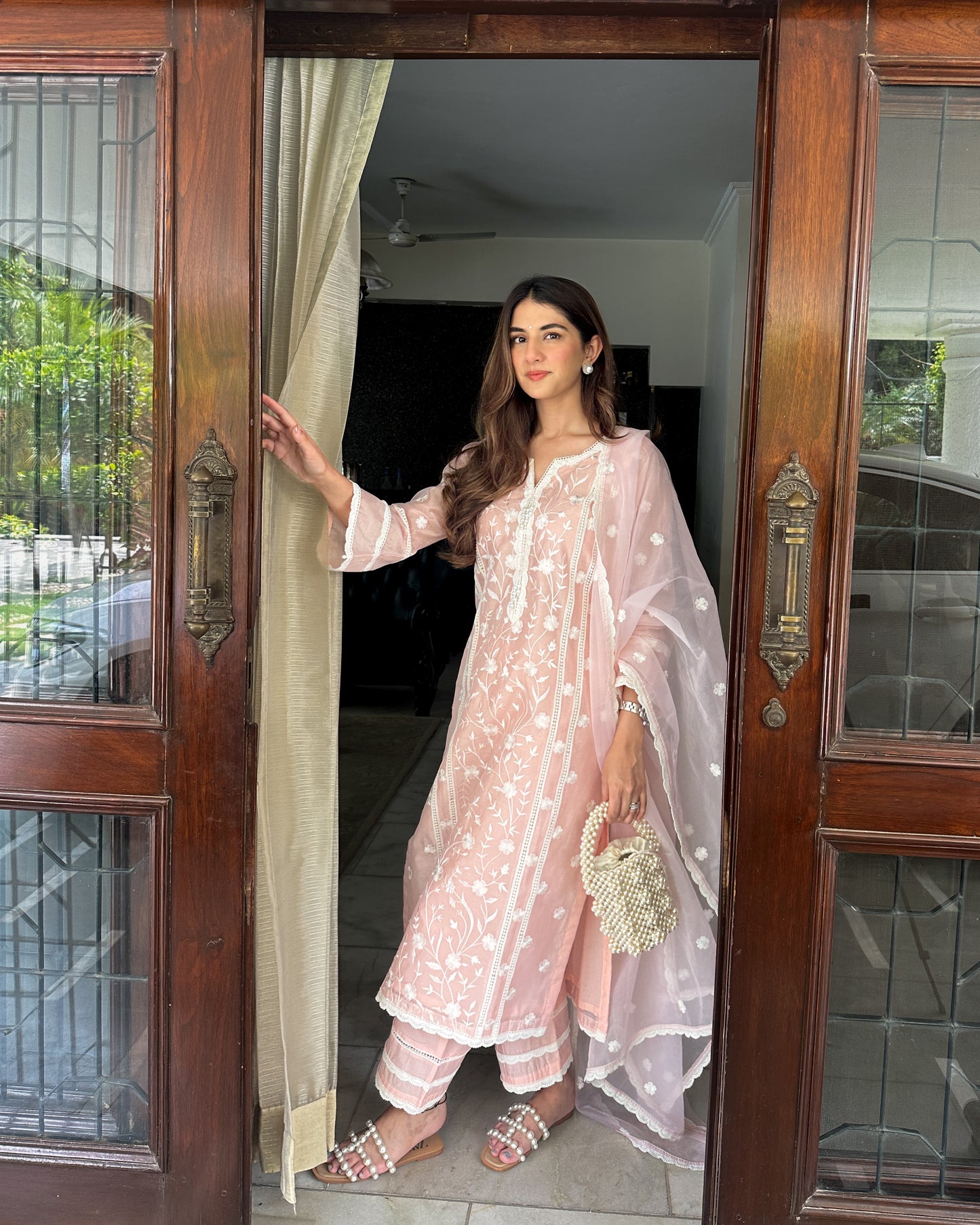 Meher Taluja in Gulbagh - Peach Embroidered Suit Set.