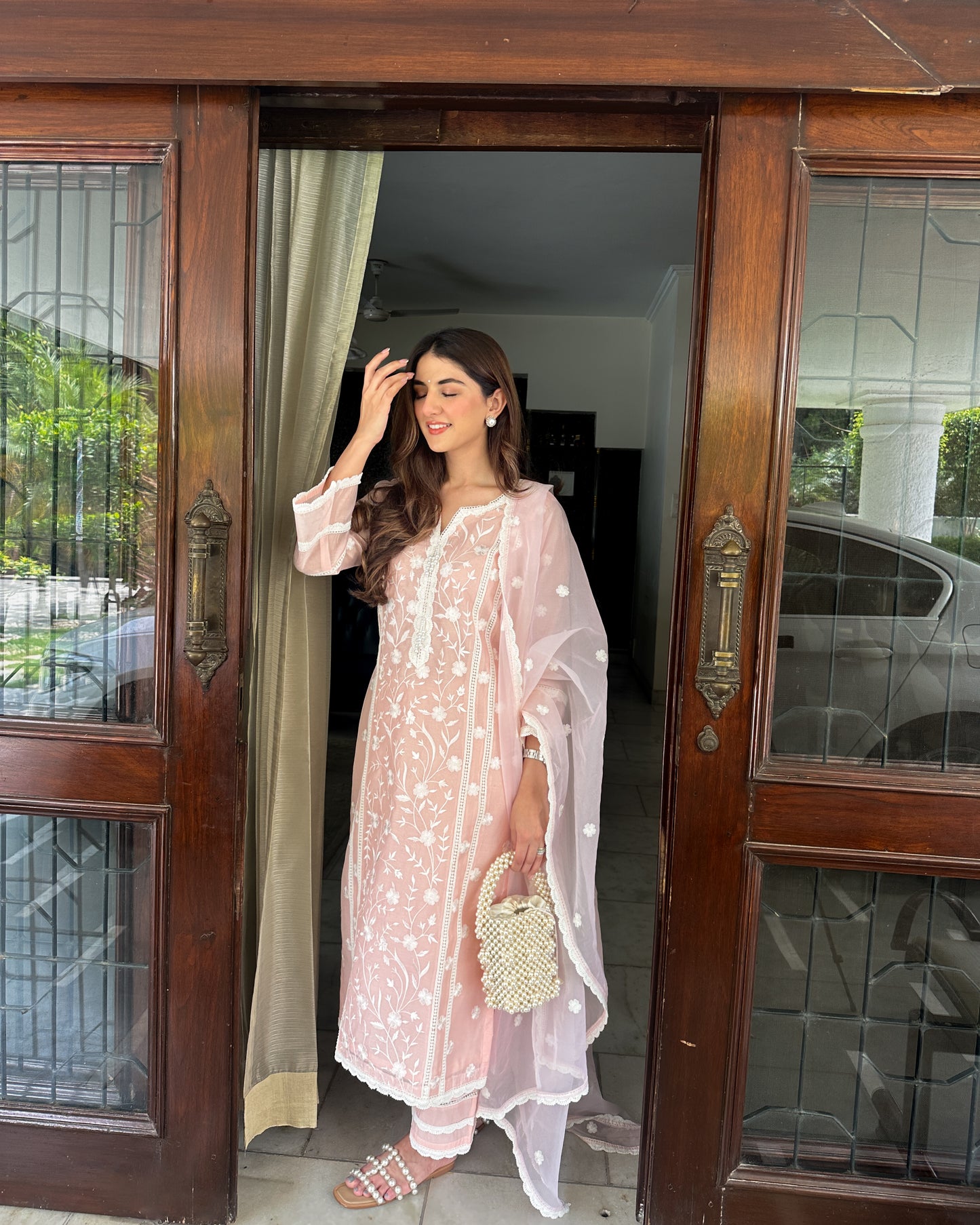 Meher Taluja in Gulbagh - Peach Embroidered Suit Set.