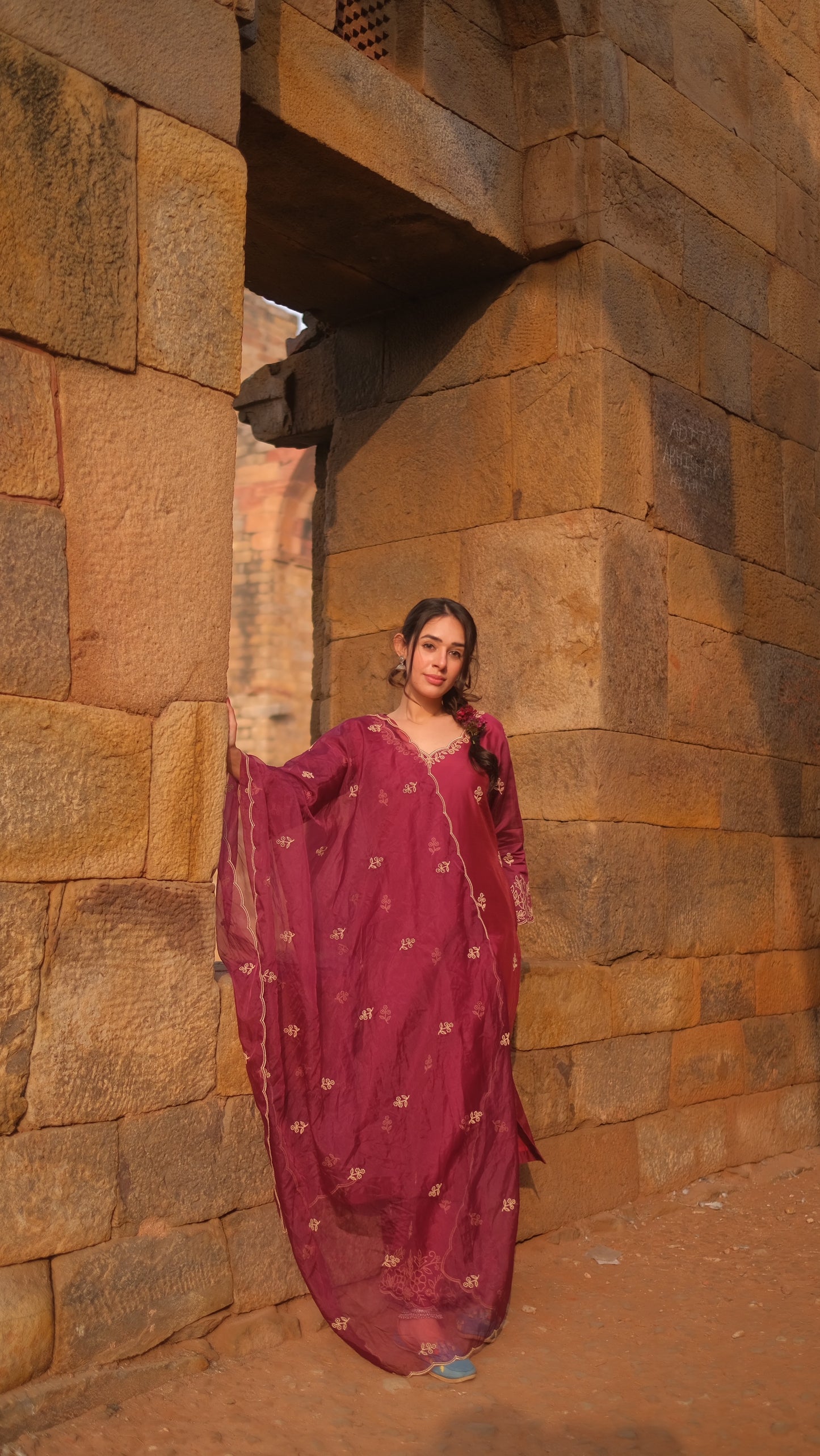 Shivani Pancholi in Khila - Wine Chanderi Embroidered Suit Set
