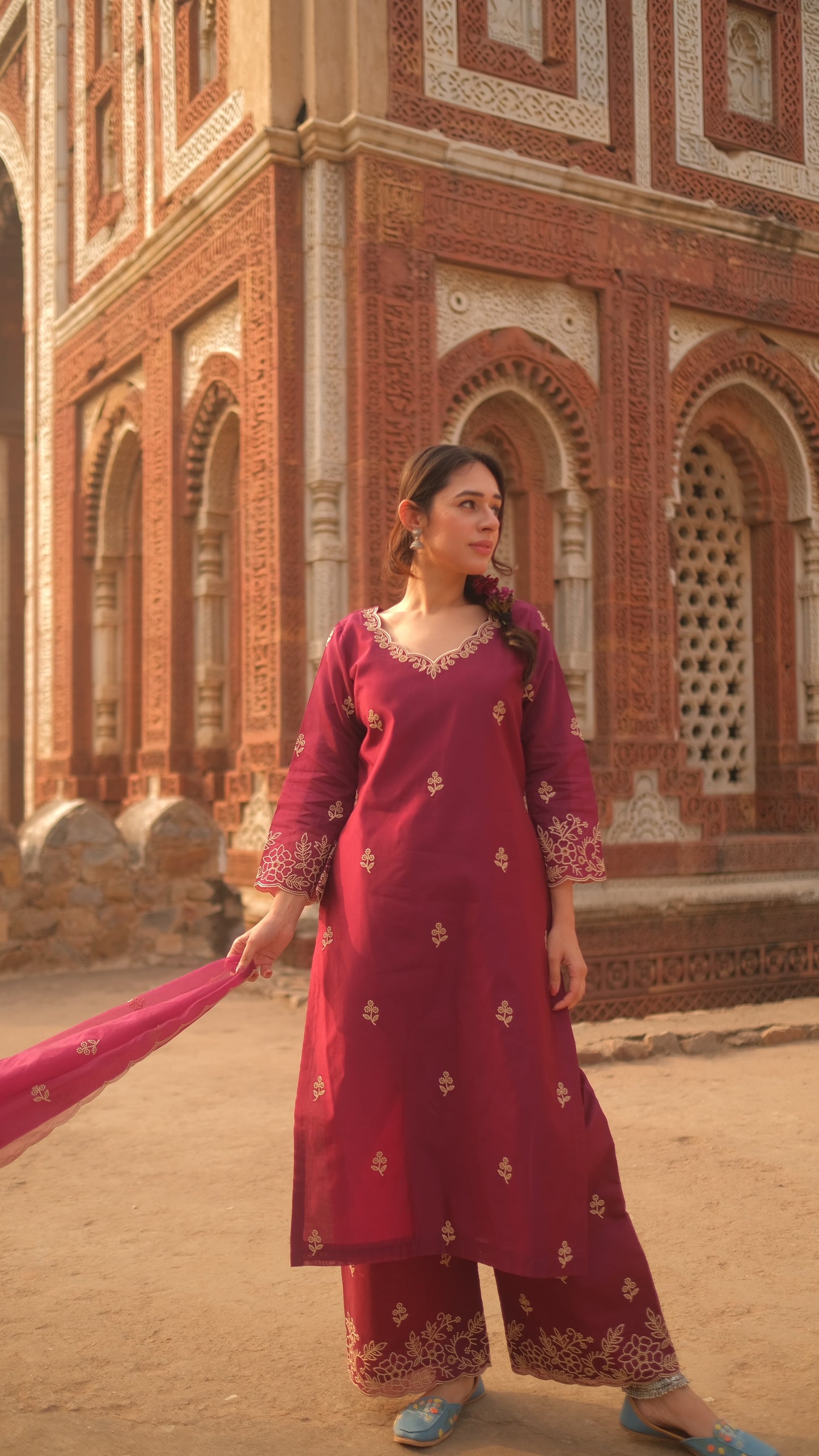 Shivani Pancholi in Khila - Wine Chanderi Embroidered Suit Set