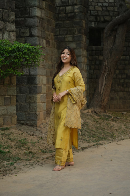 Antra Agarwal in MEERA - Yellow Chanderi Suit Set