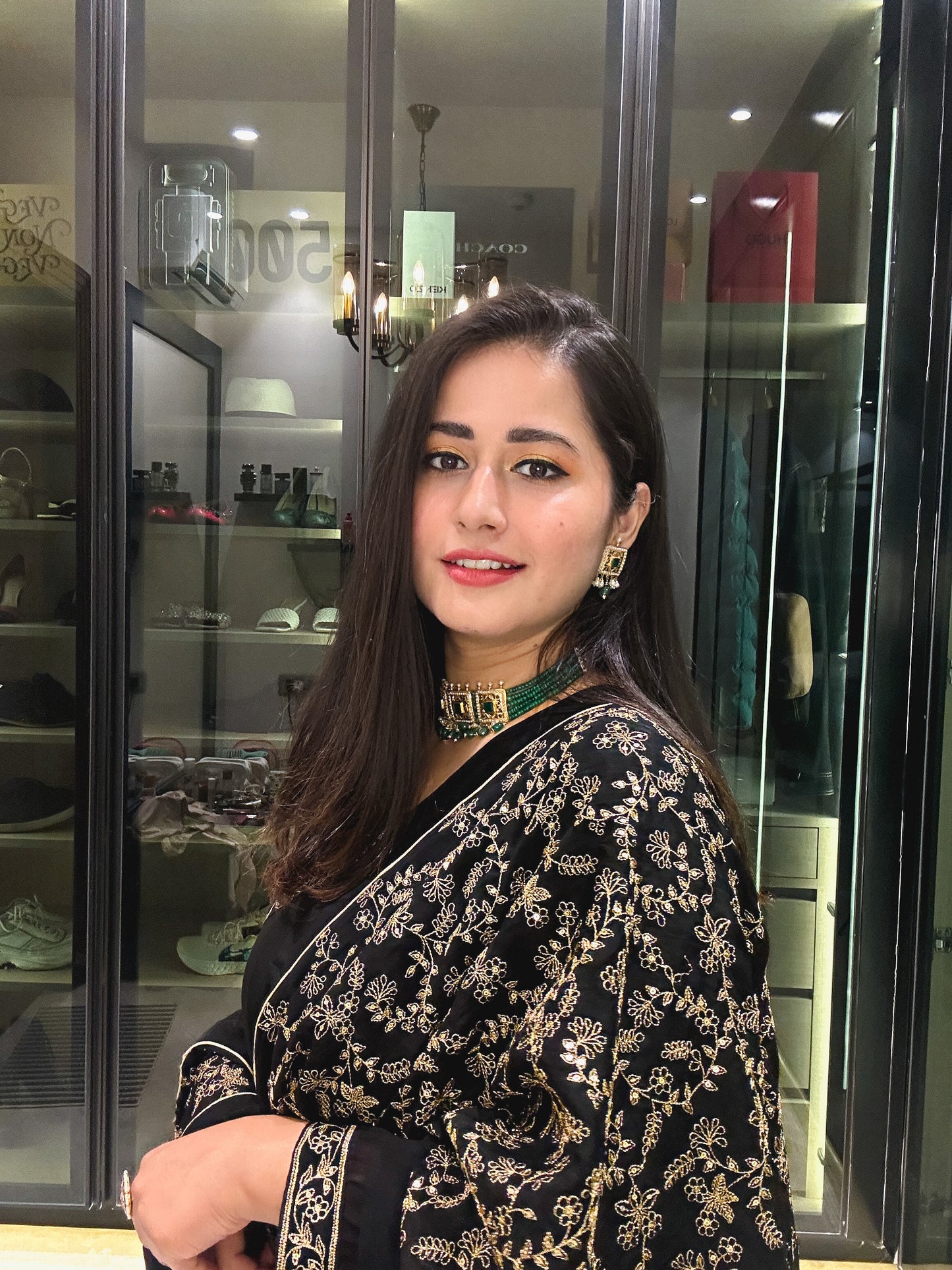 Yamini Bisht in Sunehri Black Angrakha Anarkali Set