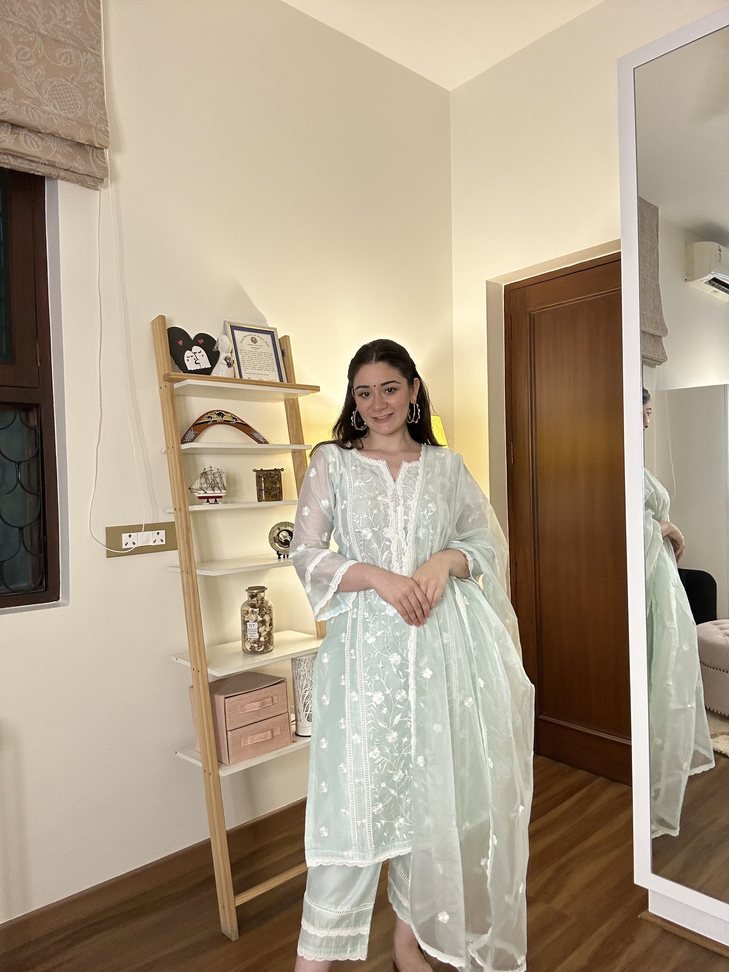 Sana Grover in Gulbahar - Mint Green Embroidered Suit Set.