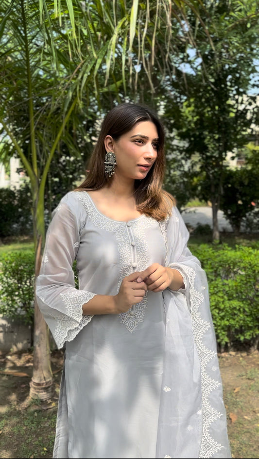 Simran Kaur in Silver Grey Chanderi Suit Set