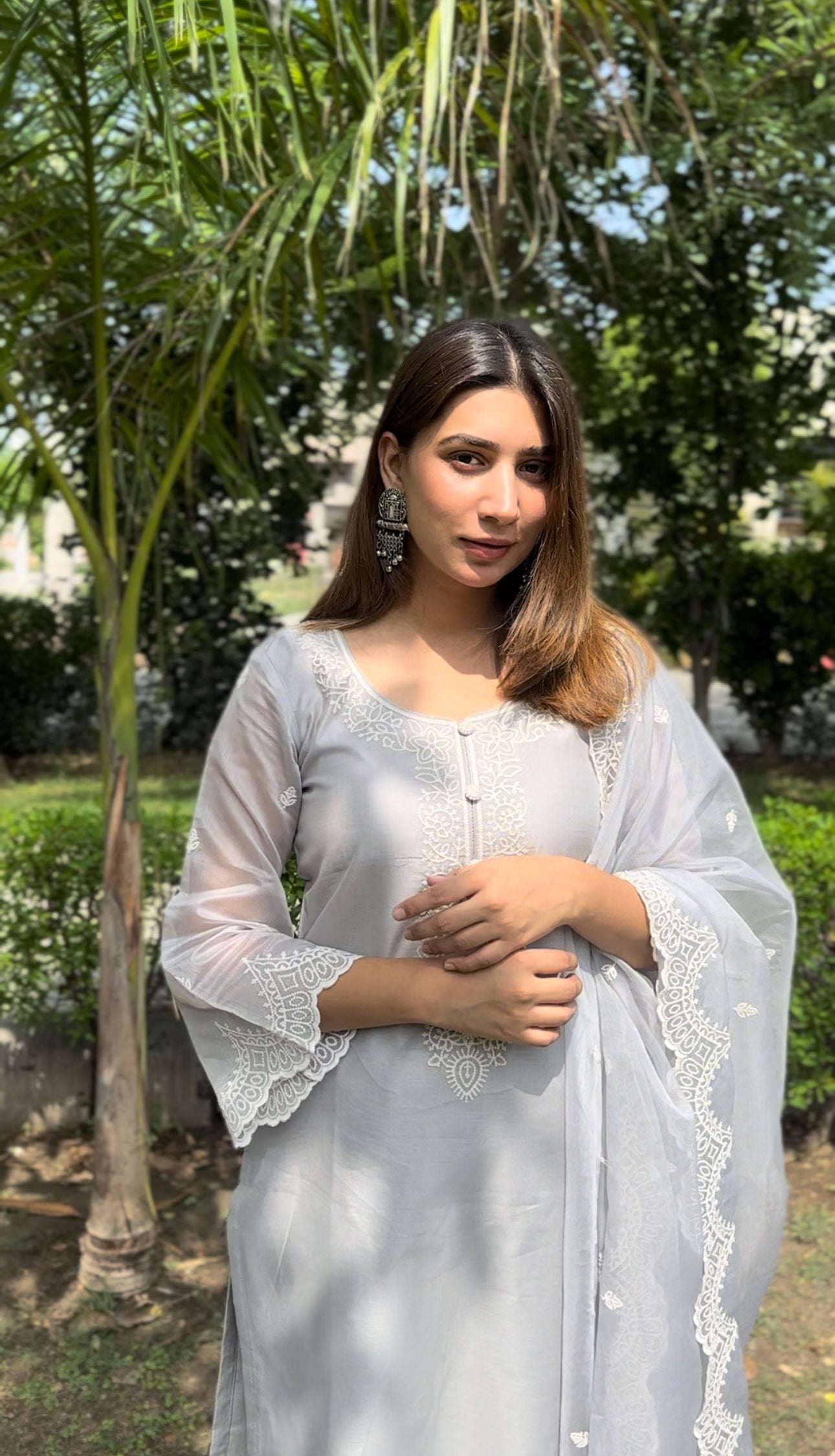 Simran Kaur in Silver Grey Chanderi Suit Set