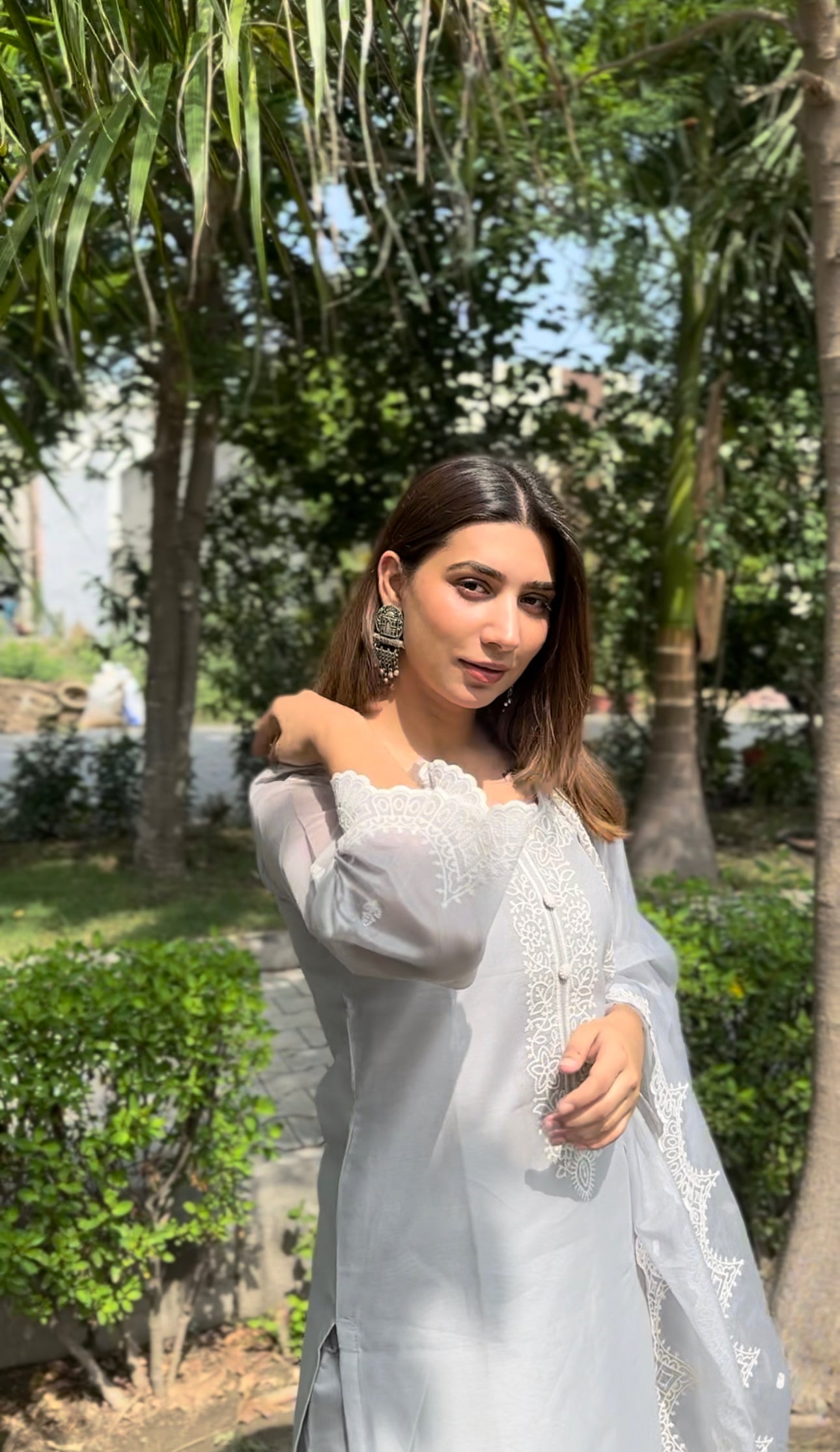 Simran Kaur in Silver Grey Chanderi Suit Set