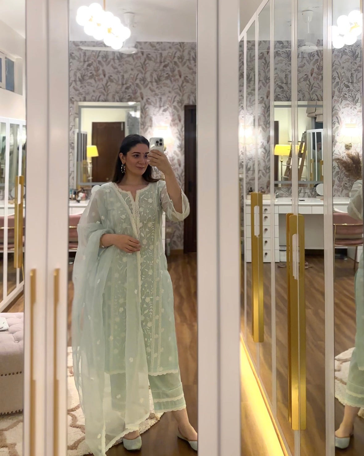 Sana Grover in Gulbahar - Mint Green Embroidered Suit Set.