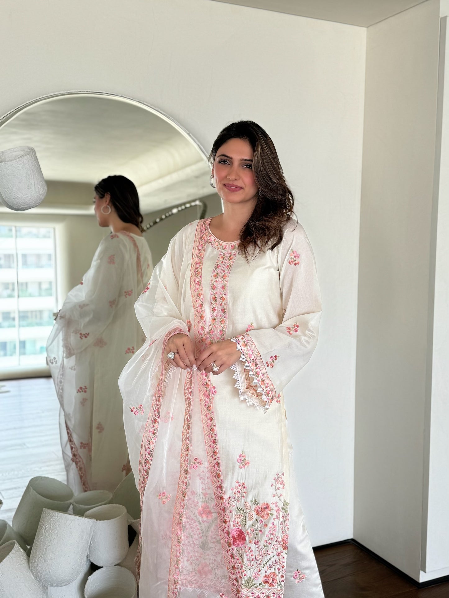Richa Begani in Gul-Khera - Ivory White Chanderi Embroidered Suit Set.