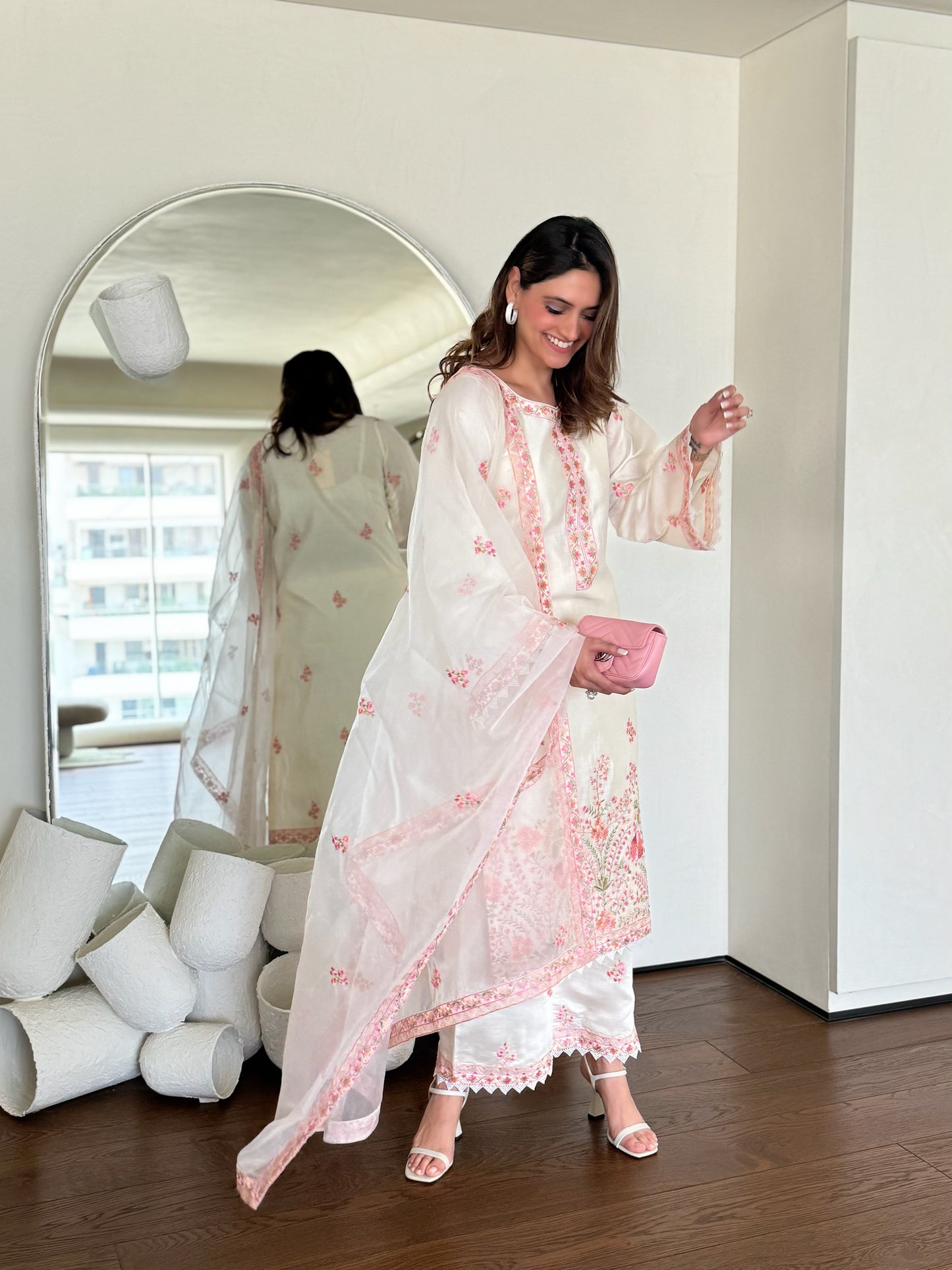 Richa Begani in Gul-Khera - Ivory White Chanderi Embroidered Suit Set.