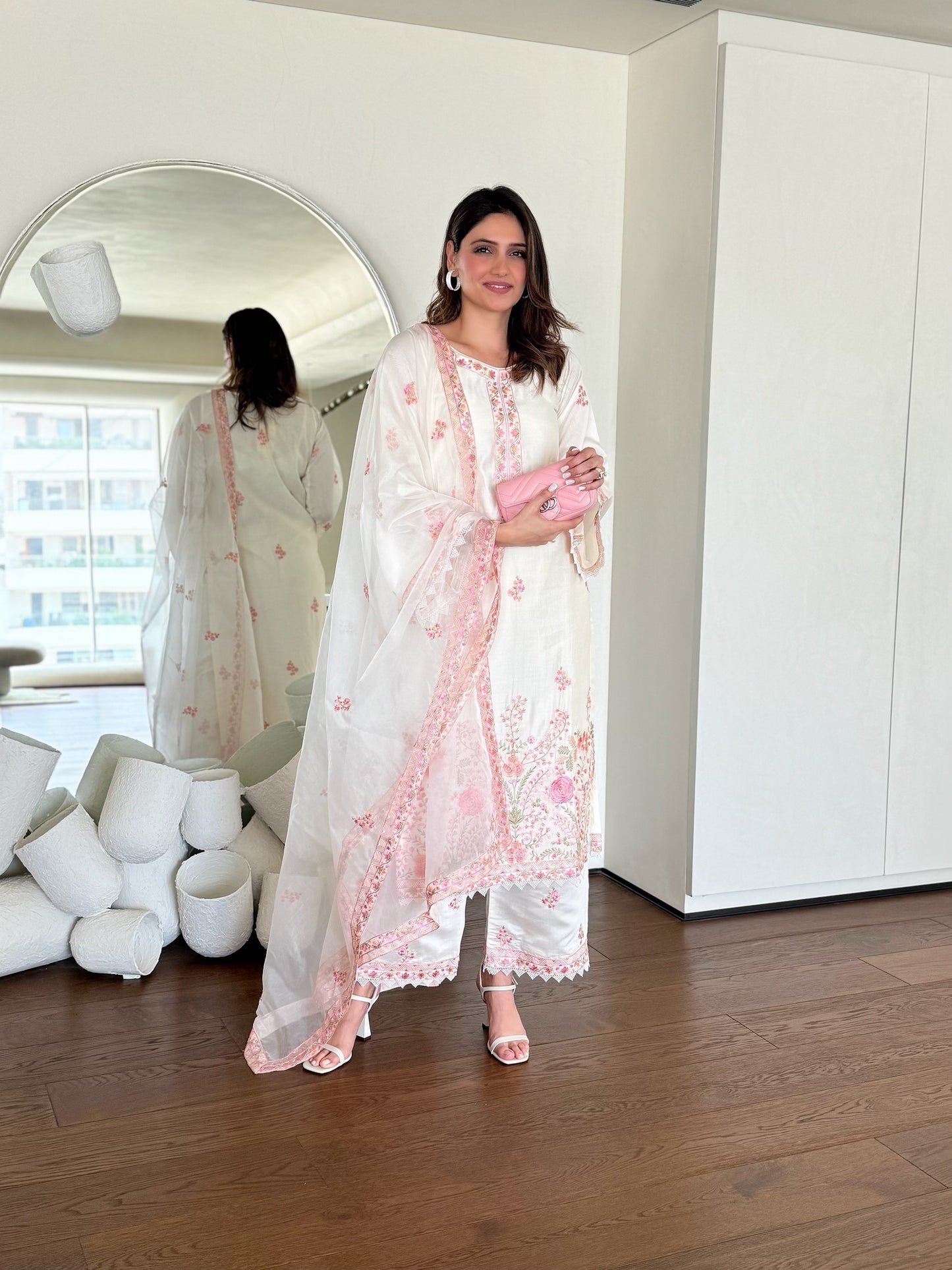 Richa Begani in Gul-Khera - Ivory White Chanderi Embroidered Suit Set.
