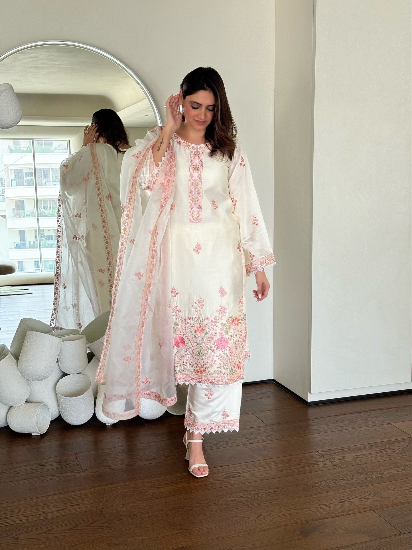 Richa Begani in Gul-Khera - Ivory White Chanderi Embroidered Suit Set.