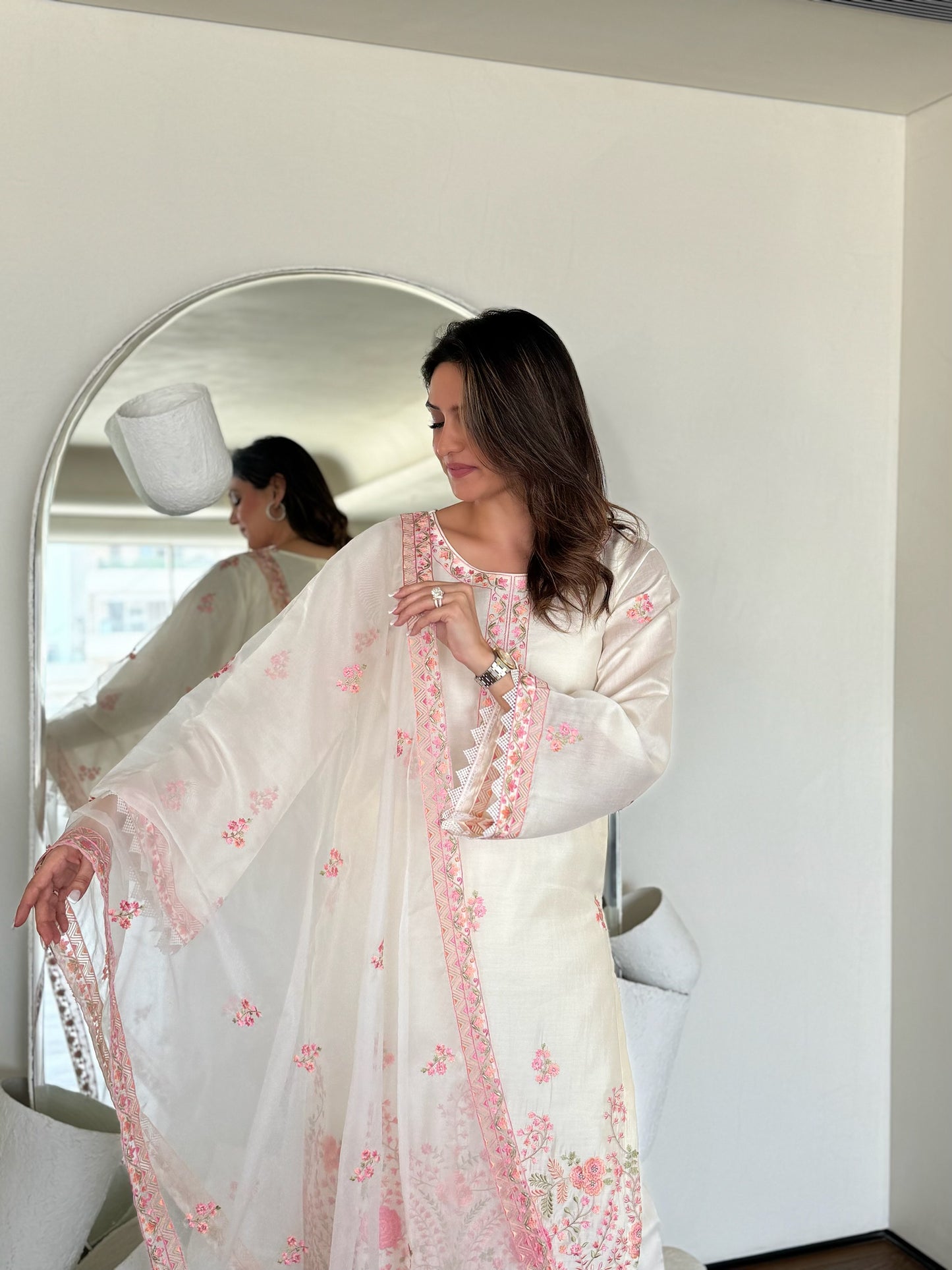 Richa Begani in Gul-Khera - Ivory White Chanderi Embroidered Suit Set.
