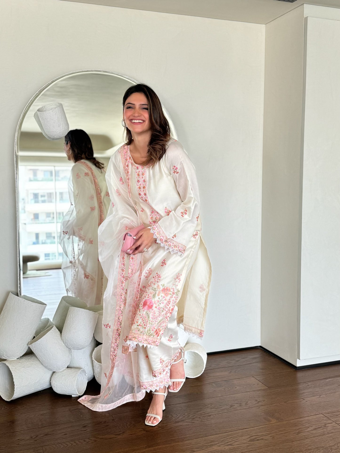 Richa Begani in Gul-Khera - Ivory White Chanderi Embroidered Suit Set.