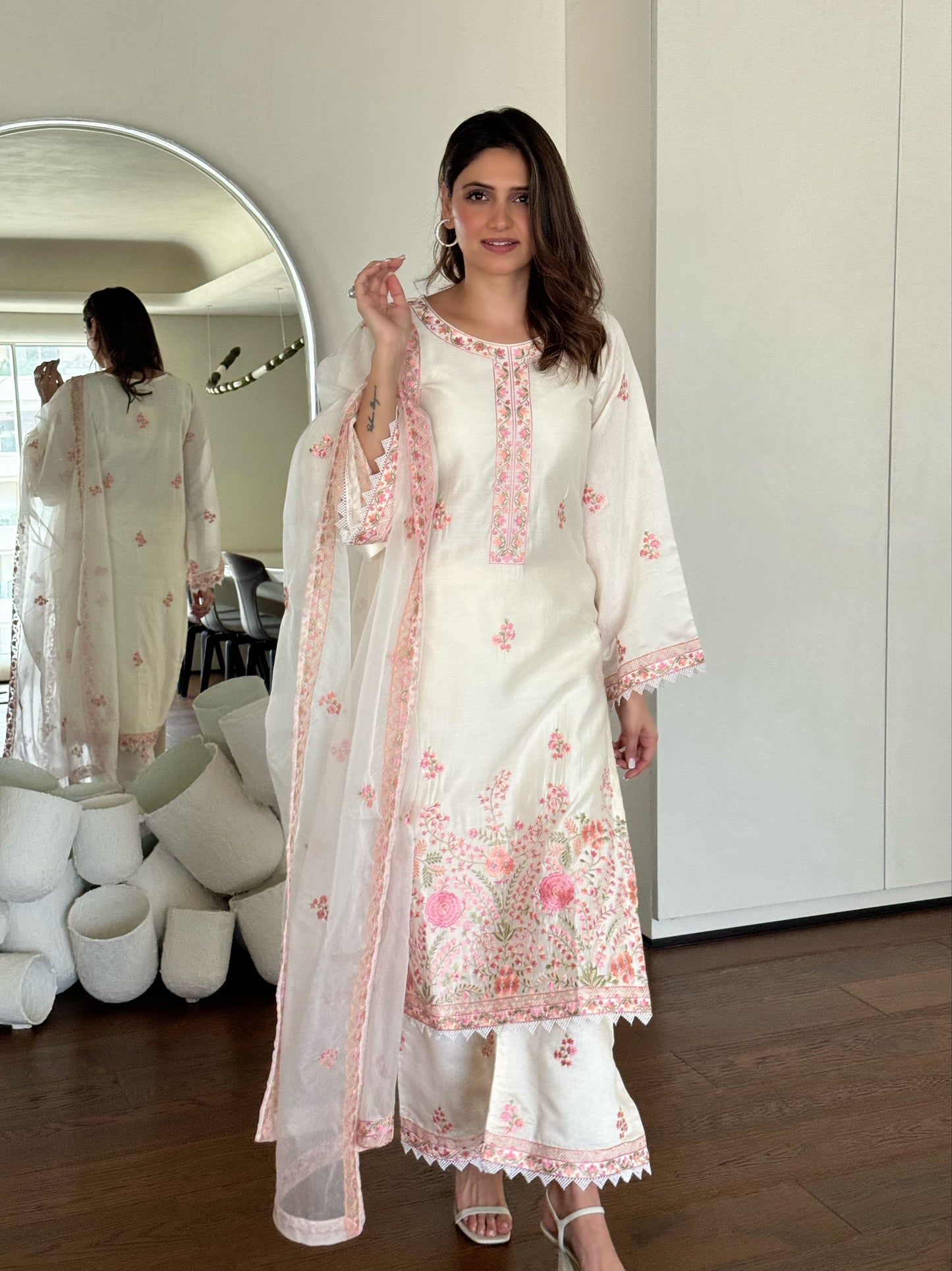 Richa Begani in Gul-Khera - Ivory White Chanderi Embroidered Suit Set.
