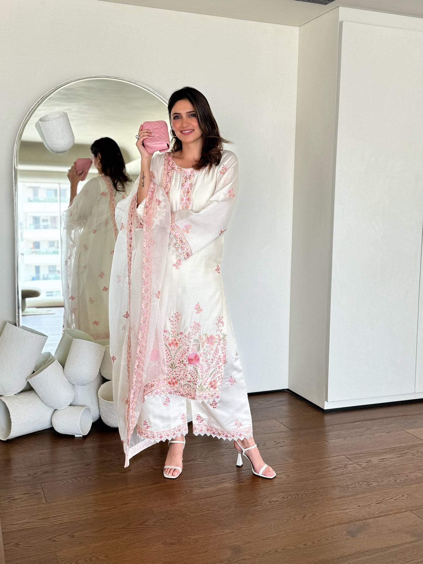 Richa Begani in Gul-Khera - Ivory White Chanderi Embroidered Suit Set.